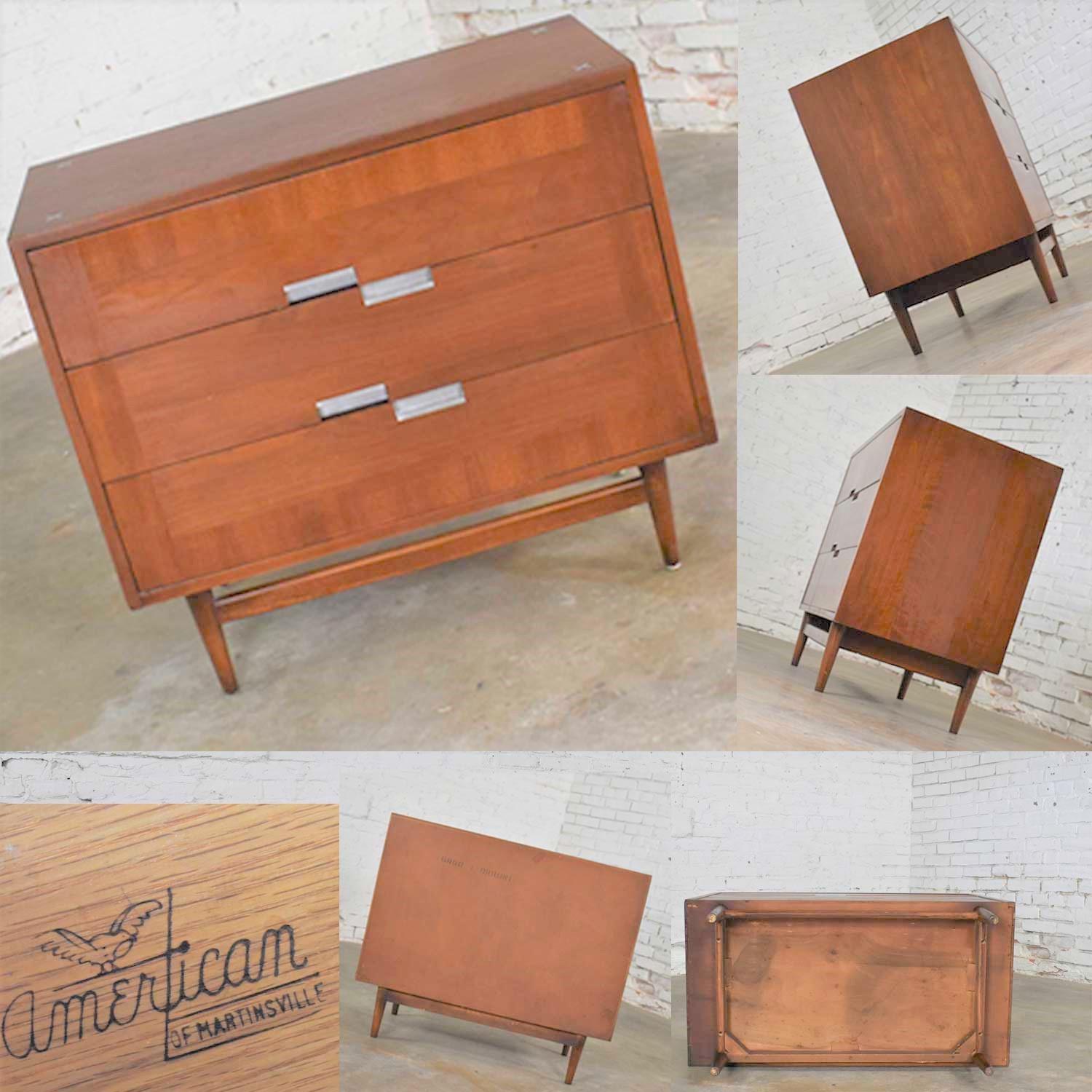 American of Martinsville Accord Walnut & Cane Dresser & Bachelor’s Chest w/ X’s For Sale 1