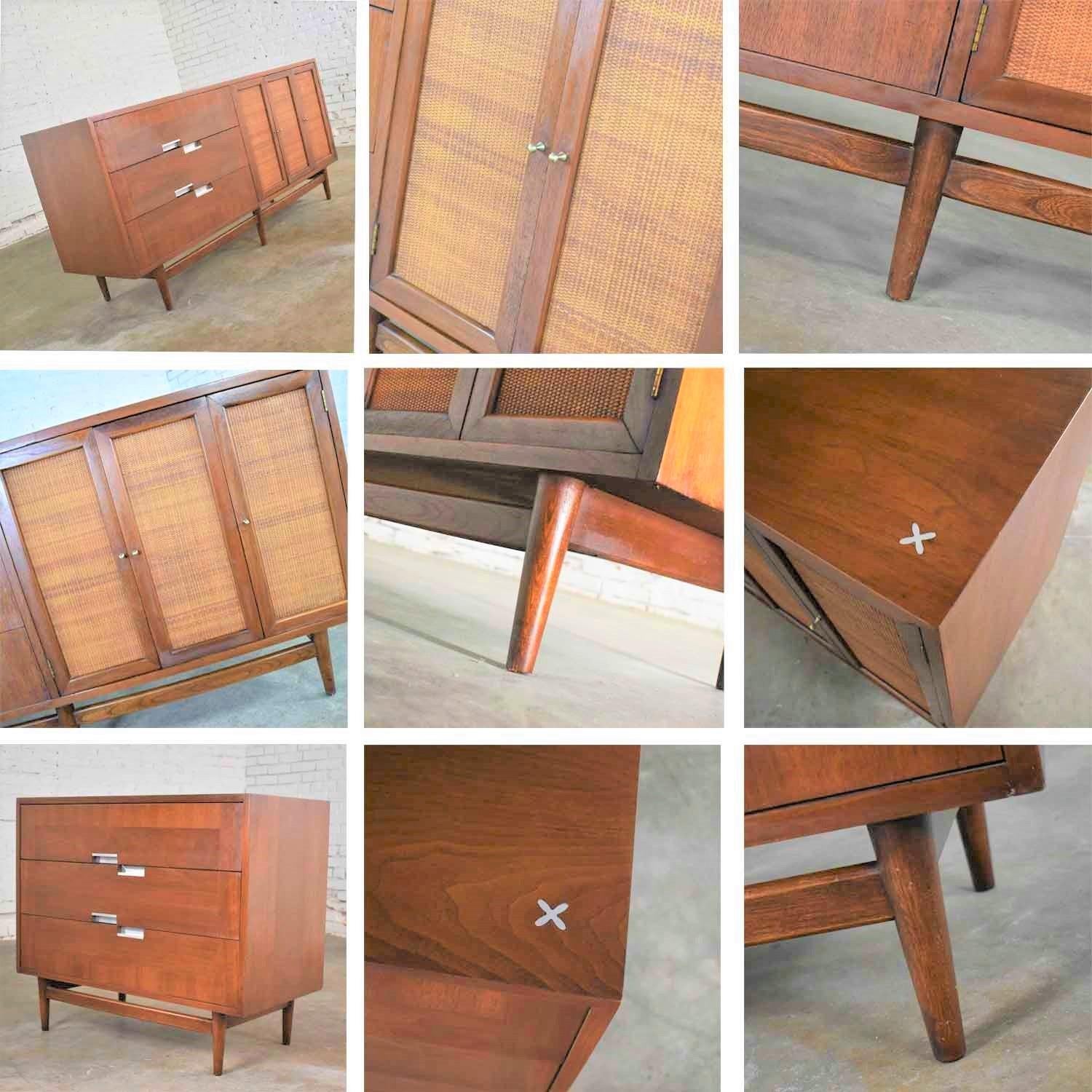 American of Martinsville Accord Walnut & Cane Dresser & Bachelor’s Chest w/ X’s For Sale 2