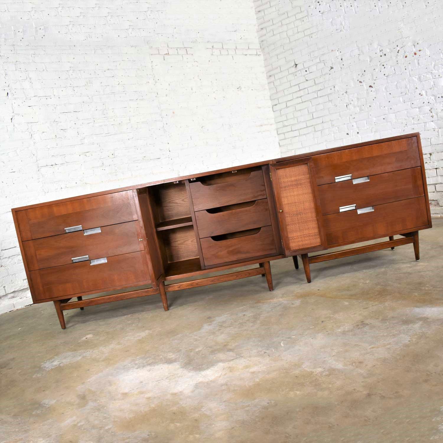 Mid-Century Modern American of Martinsville Accord Walnut & Cane Dresser & Bachelor’s Chest w/ X’s For Sale