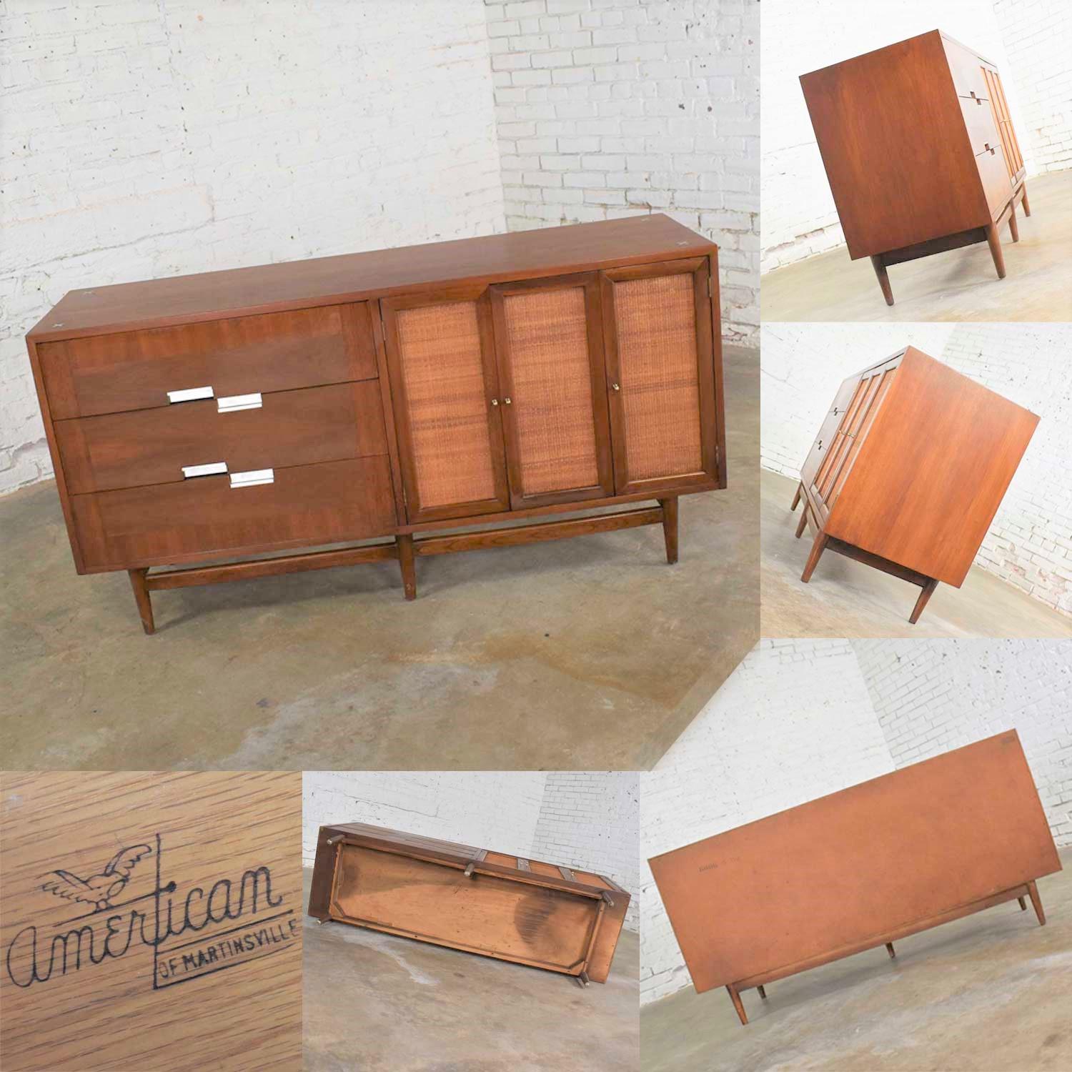 20th Century American of Martinsville Accord Walnut & Cane Dresser & Bachelor’s Chest w/ X’s For Sale