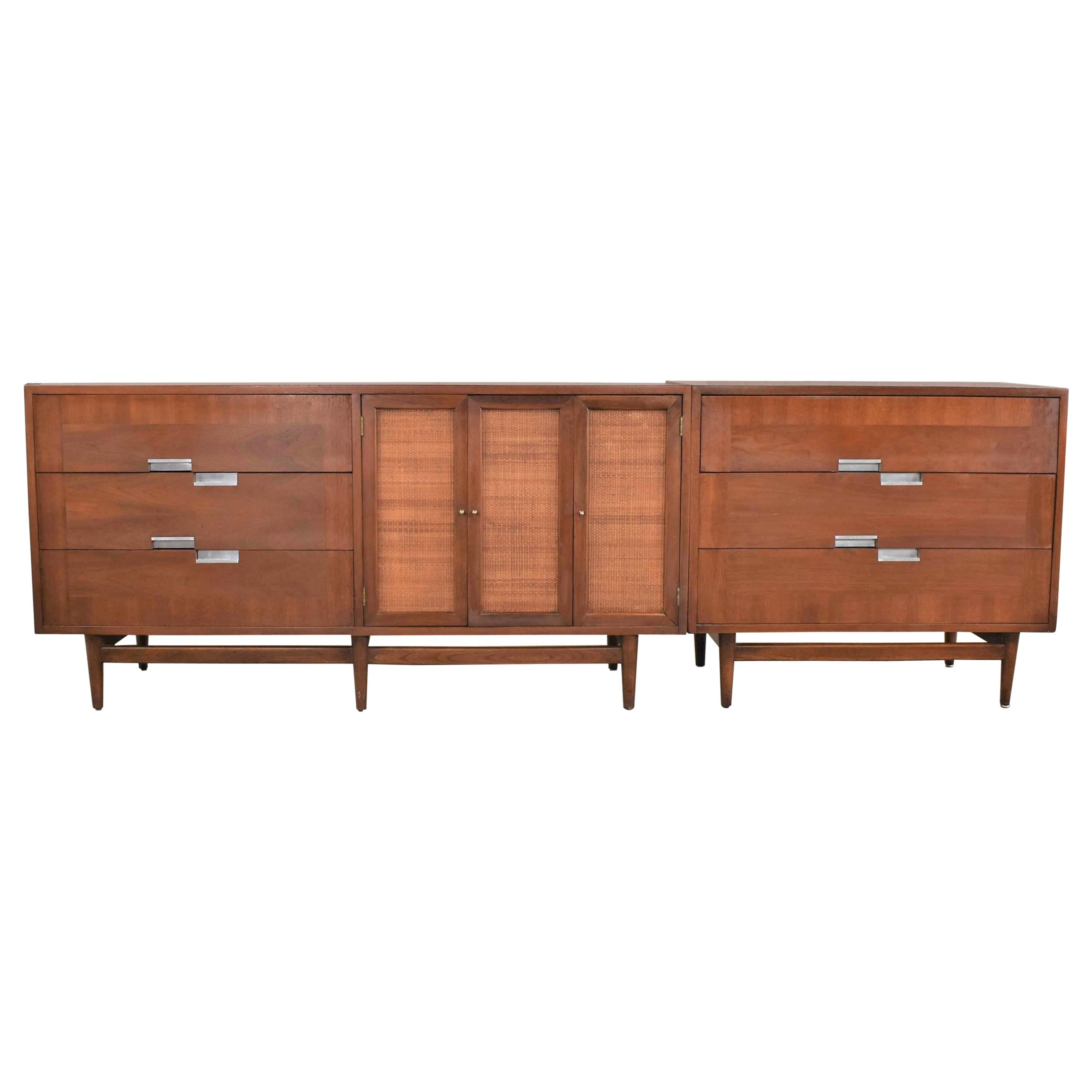 American of Martinsville Accord Walnut & Cane Dresser & Bachelor’s Chest w/ X’s