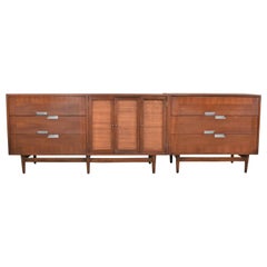 American of Martinsville Accord Walnut & Cane Dresser & Bachelor’s Chest w/ X’s