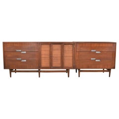 Vintage American of Martinsville Accord Walnut & Cane Dresser & Bachelor’s Chest w/ X’s