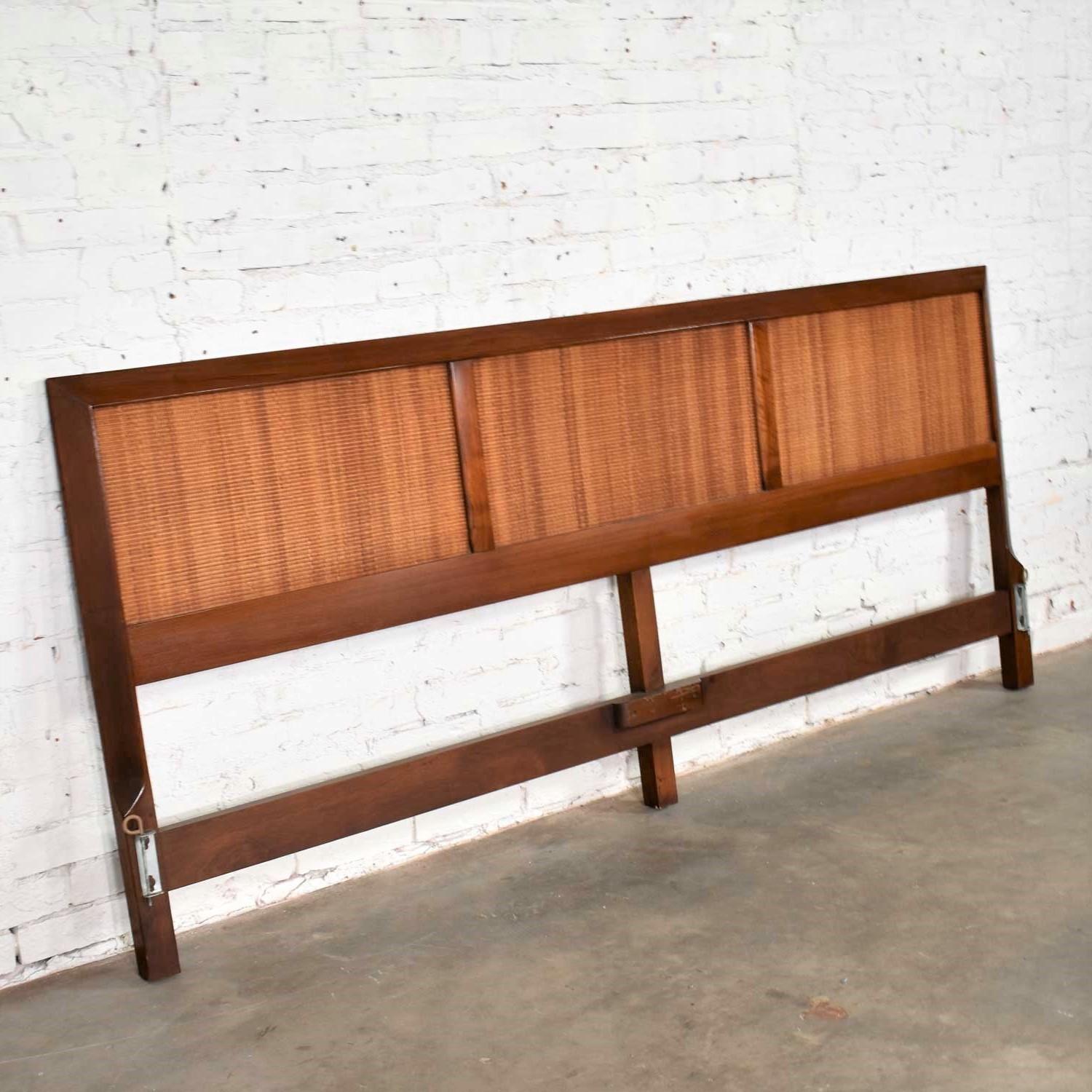 Handsome king size bed headboard from American of Martinsville and Merton Gershun’s Accord line of furniture. It is in fabulous vintage condition with its original finish. The caning is all in place and the wood looks awesome. However, it is not