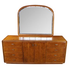 American of Martinsville Art Deco Lowboy Burled Triple Dresser & Mirror MCM