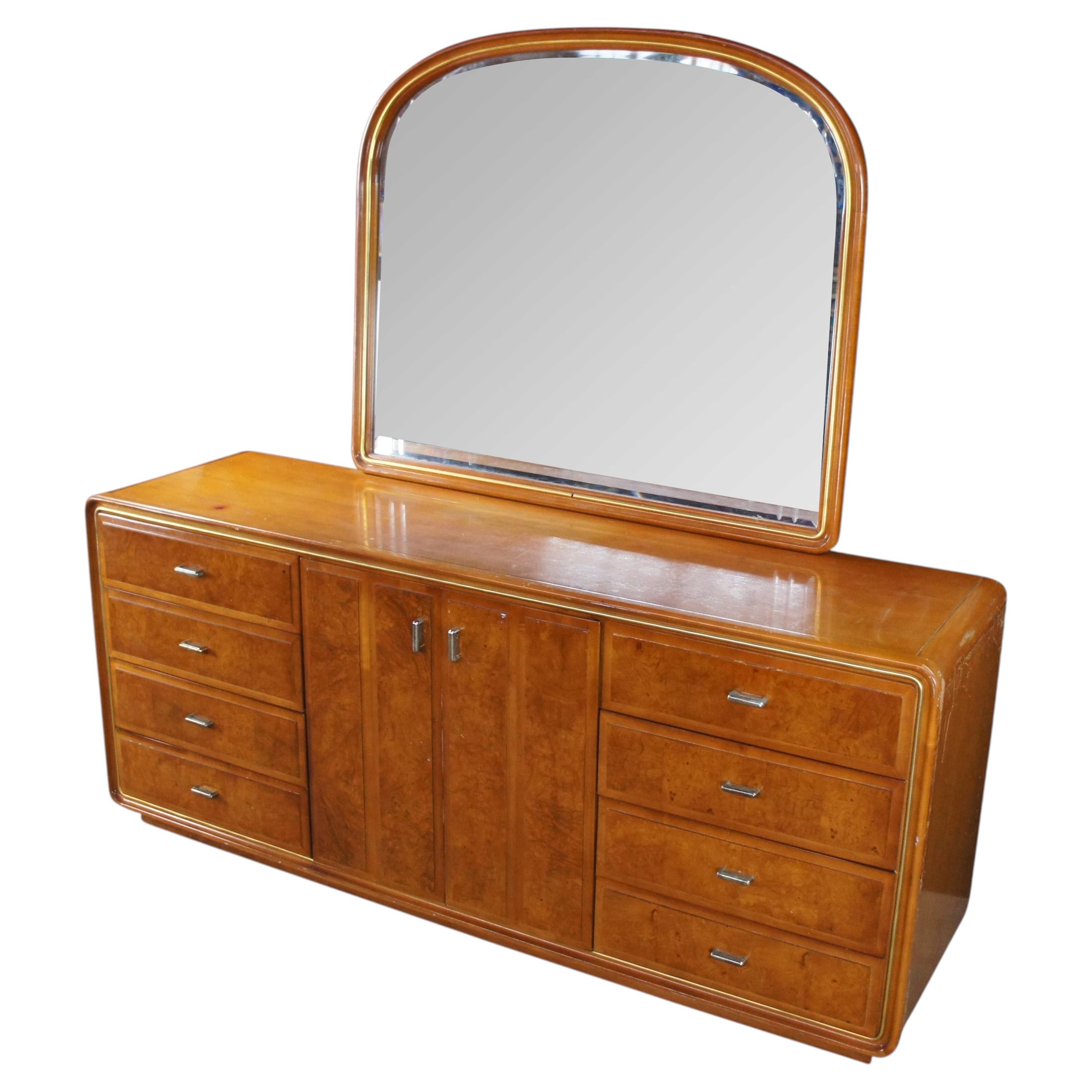 American of Martinsville Art Deco Lowboy Burled Triple Dresser & Mirror MCM