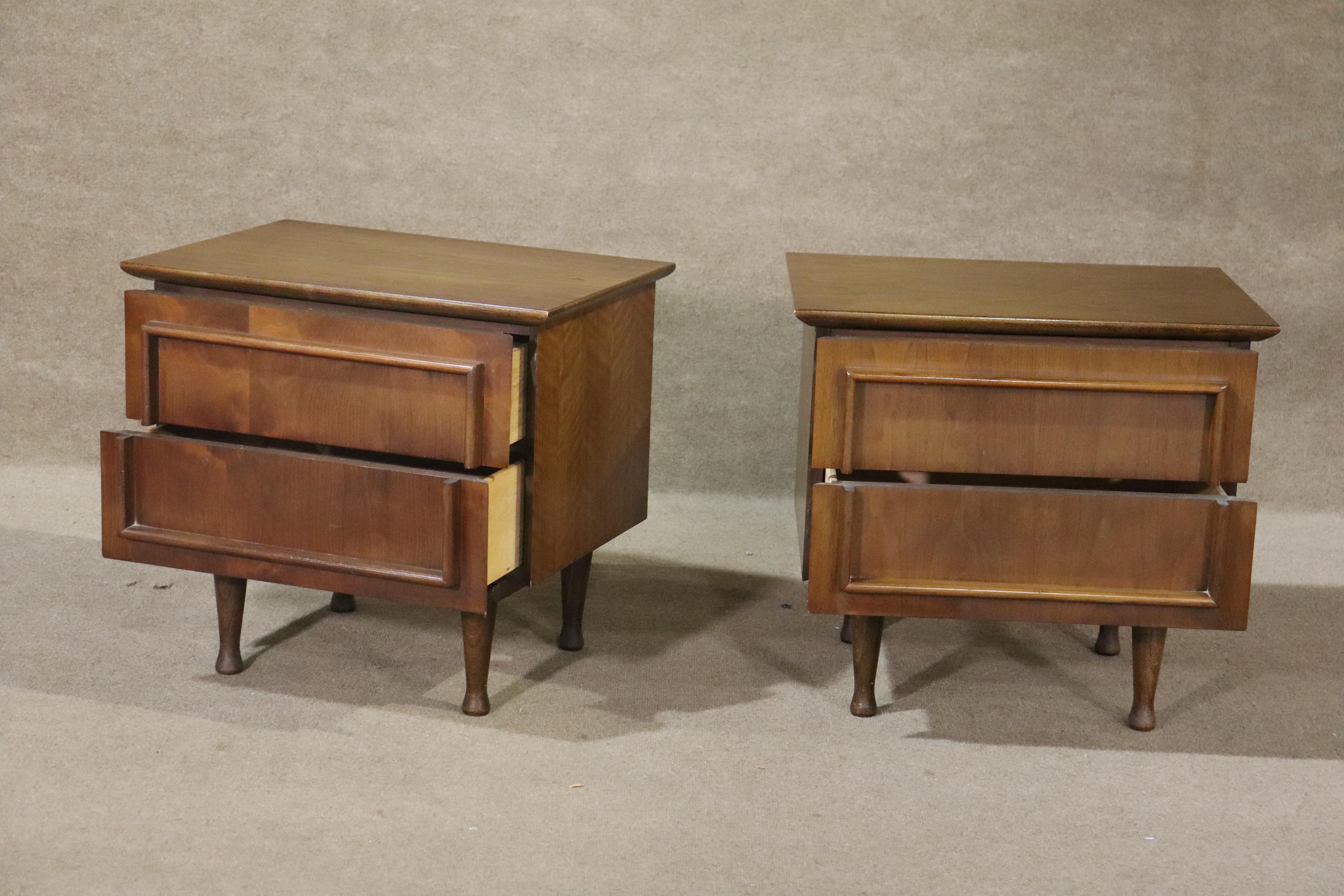 Pair of mid-century modern end tables by American of Martinsville. All walnut grain with two drawers.
Please confirm location NY or NJ