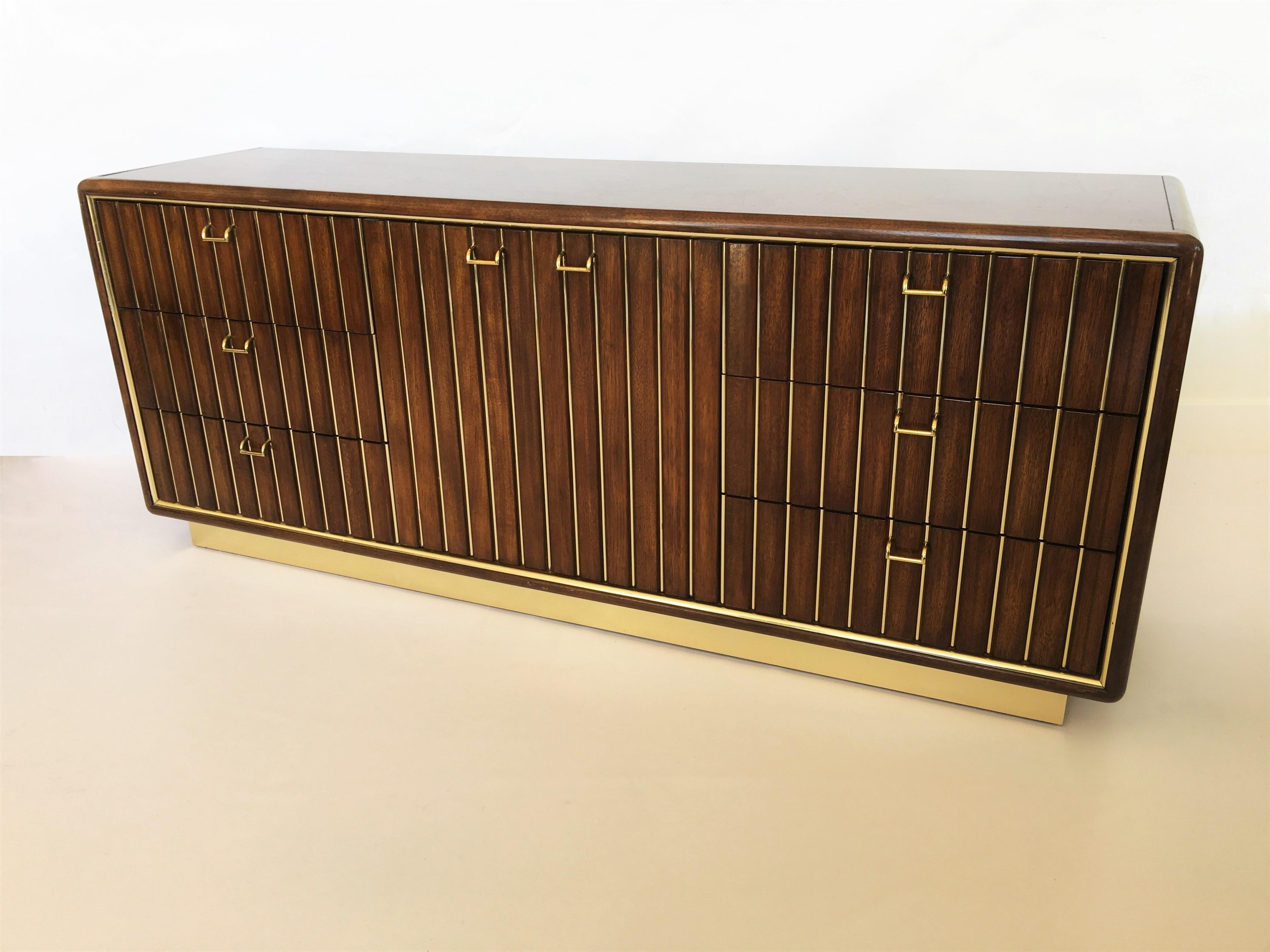 Mid-Century Modern American of Martinsville Brass and Wood Dresser or Credenza