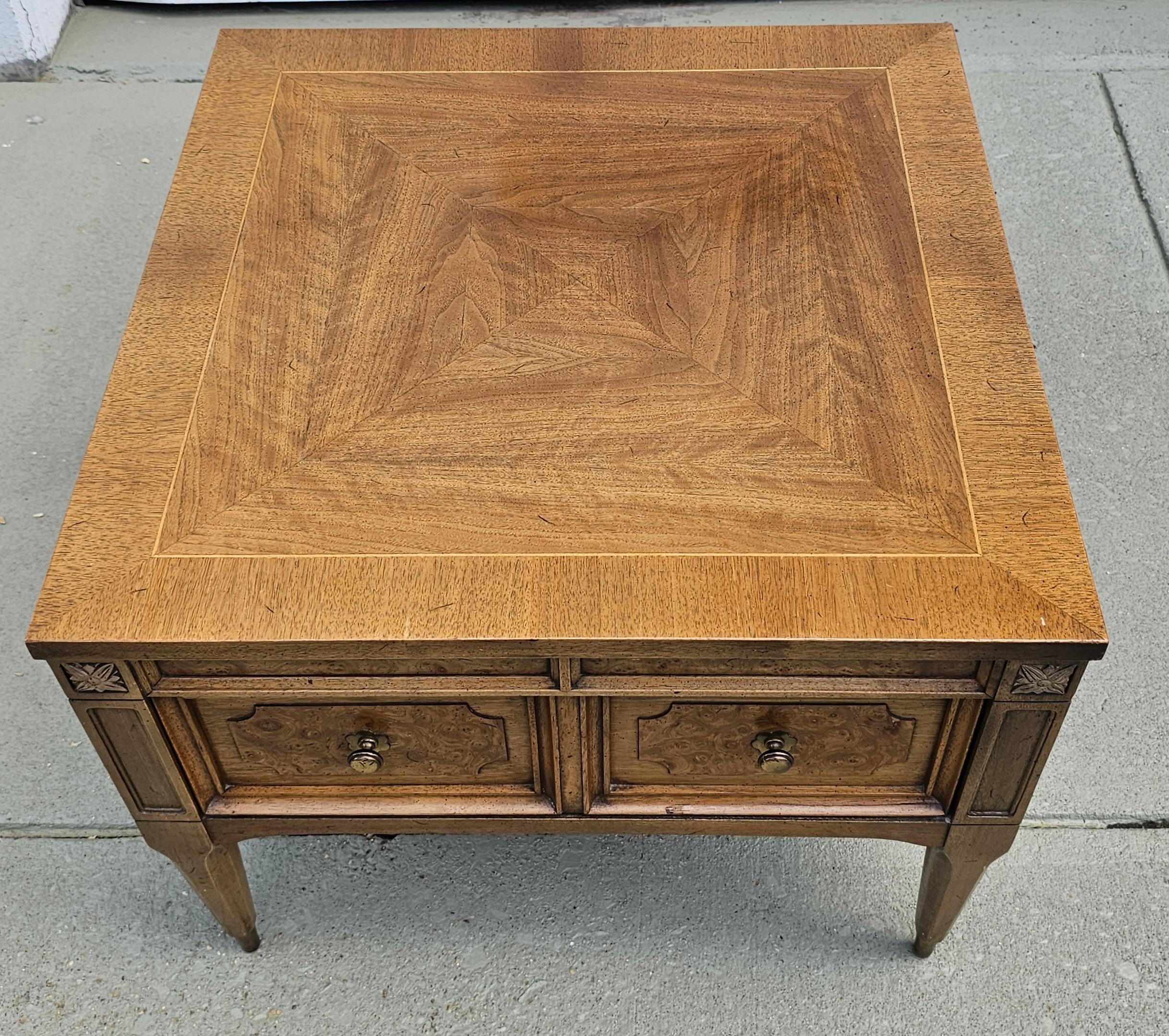 American of Martinsville Burl Walnut Low Side Table In Good Condition For Sale In Germantown, MD