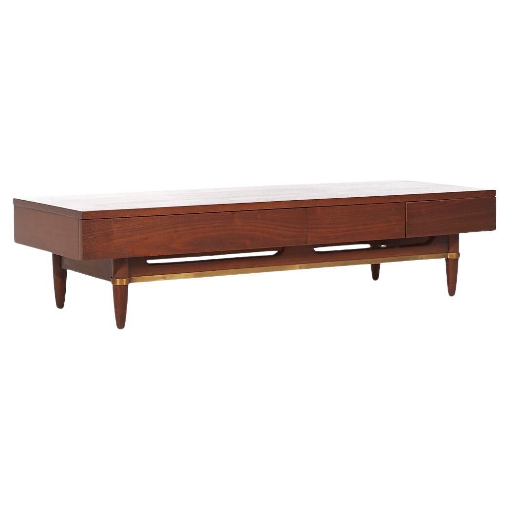 American of Martinsville Dania Mid Century Walnut and Brass 3 Drawer Bench