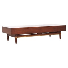 American of Martinsville Dania Mid Century Walnut and Brass 3 Drawer Bench