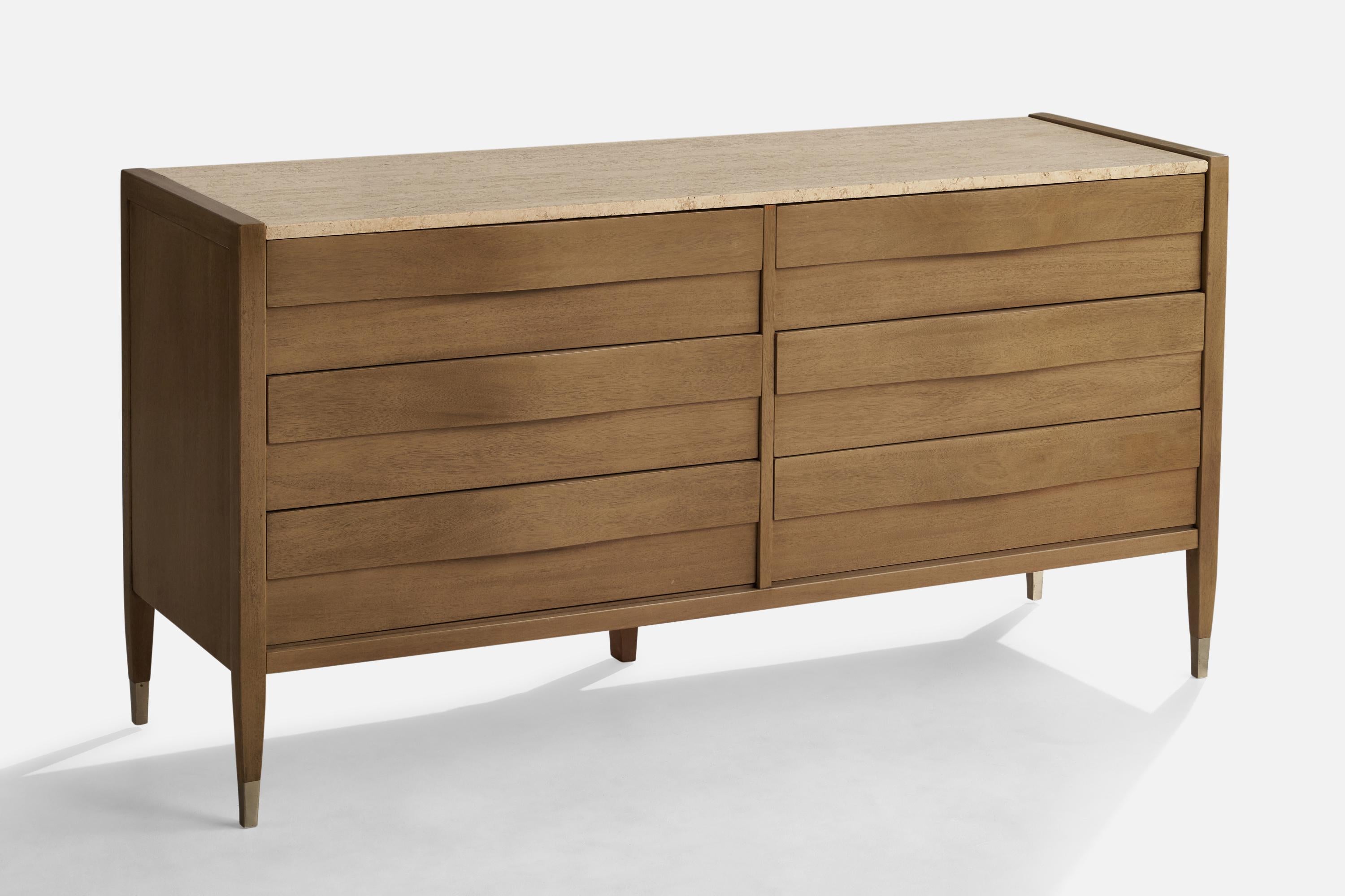 An oak, travertine and metal dresser designed and produced by American of Martinsville, US, 1950s.