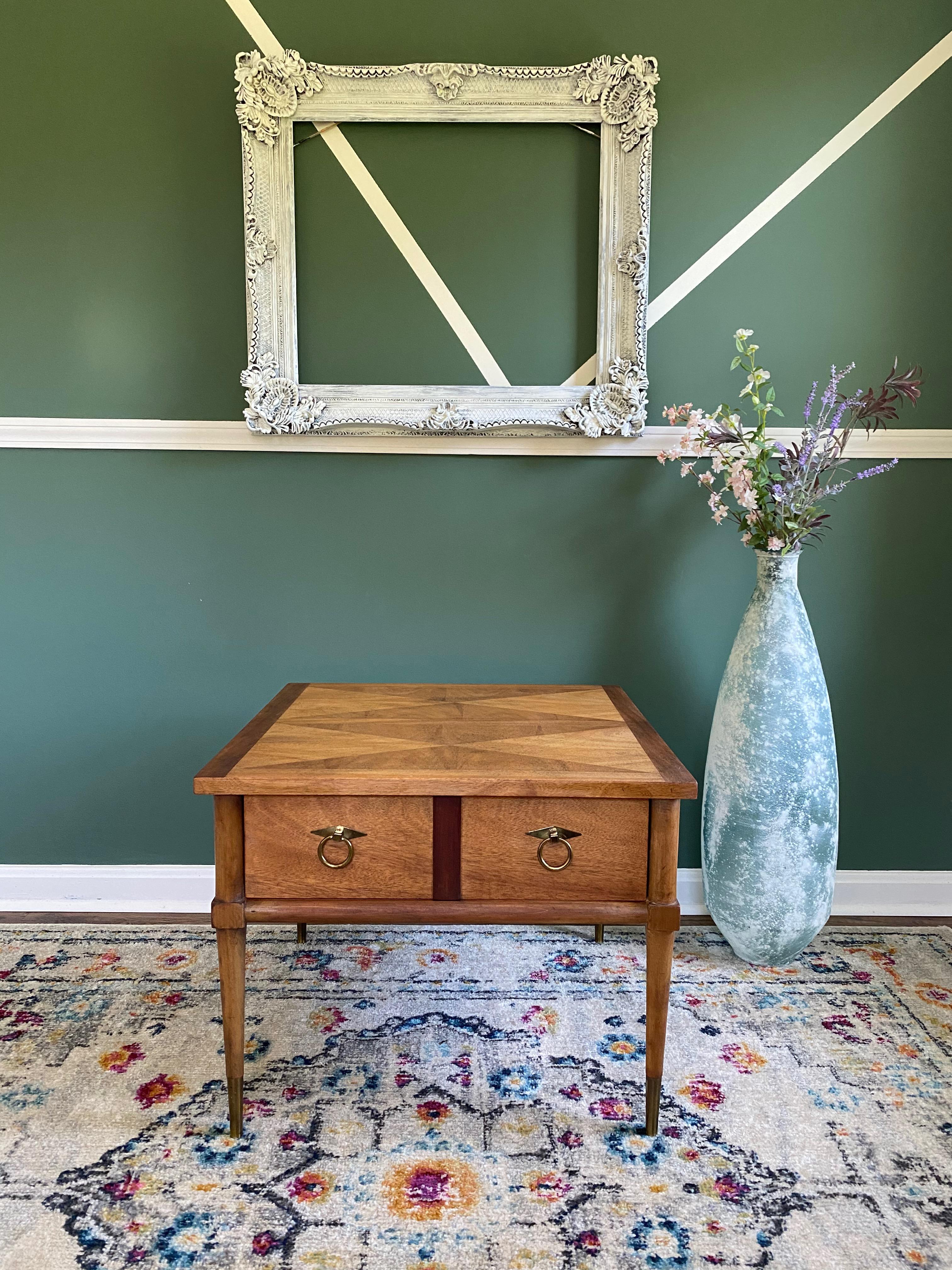 Beautiful refinished American of Martinsville end table with a gorgeous and unique top!