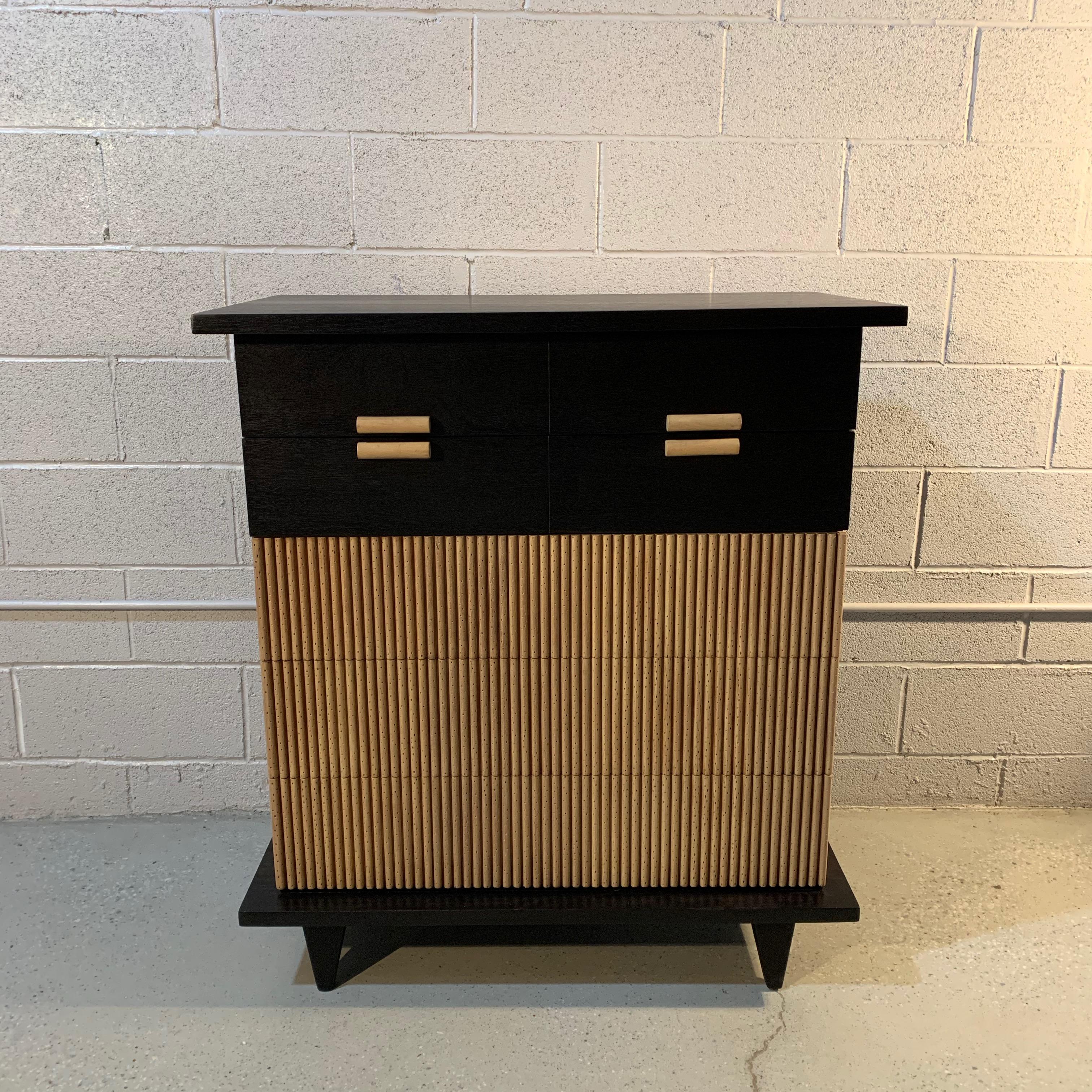 Mid-Century Modern, mahogany, highboy dresser by American of Martinsville features a faux bamboo motif on 3 of it's 5 drawers with contrasting black lacquer accents within a recessed frame detail.
