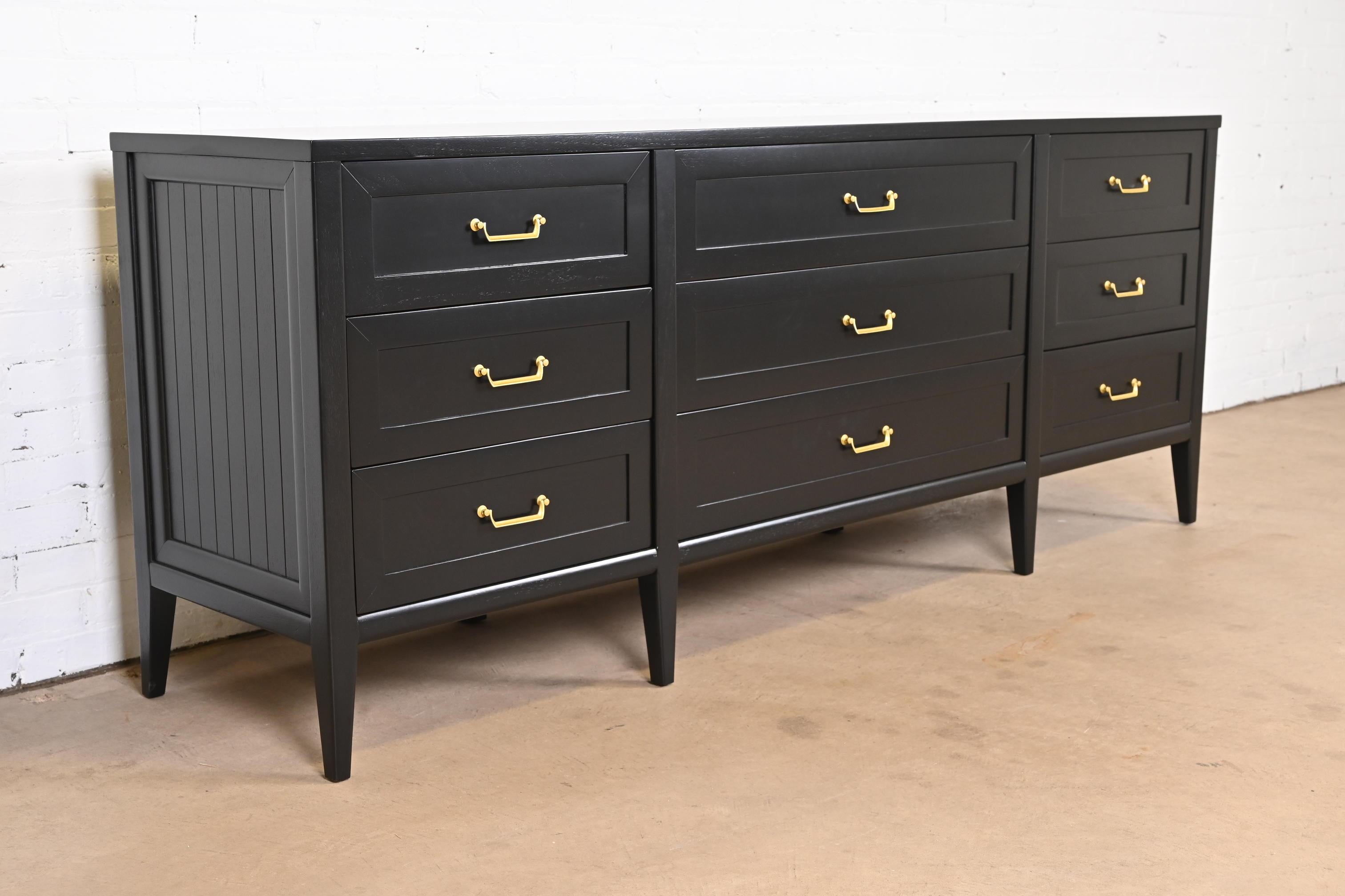 Brass American of Martinsville French Regency Black Lacquered Dresser, Refinished