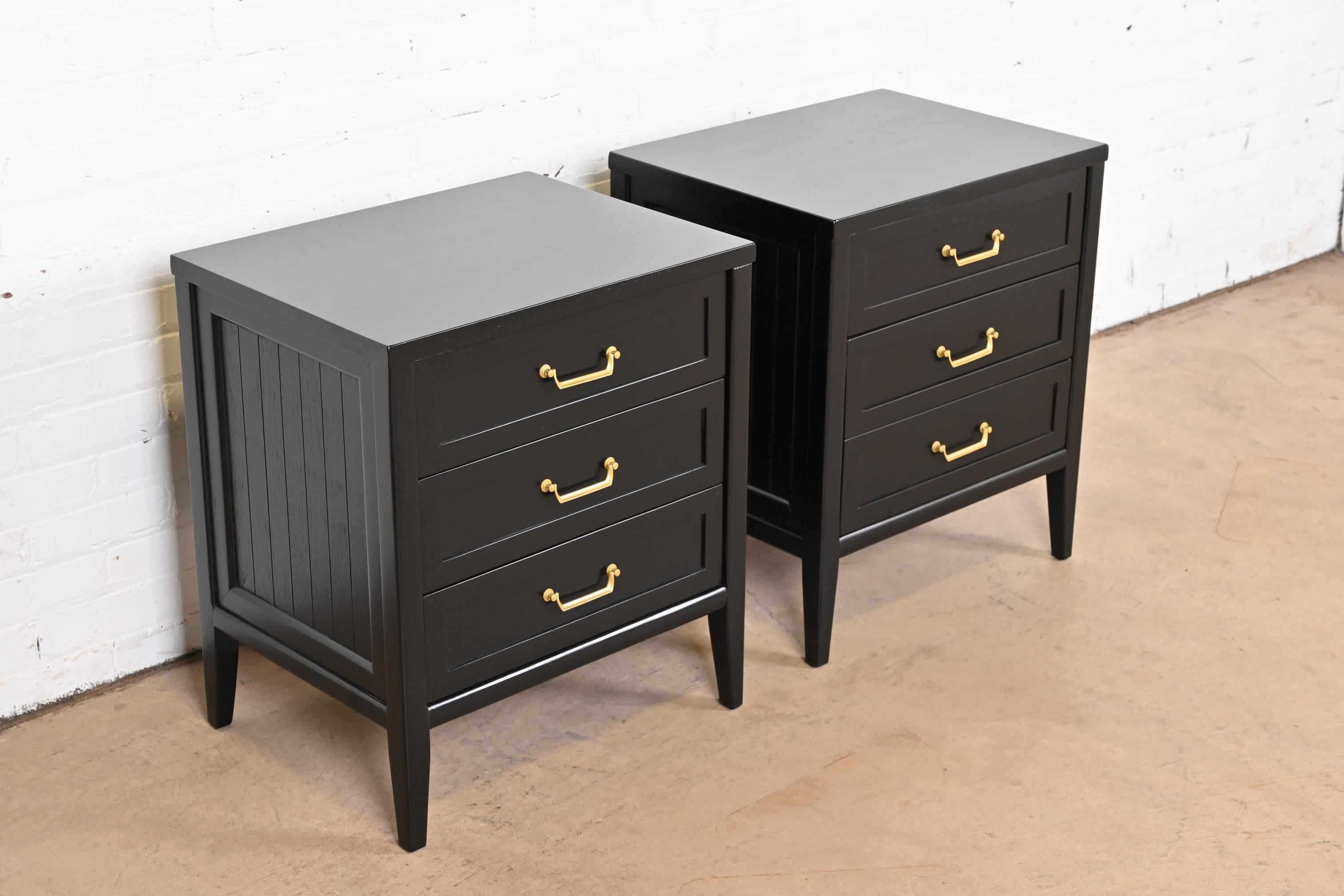 Mid-20th Century American of Martinsville French Regency Black Lacquered Nightstands, Refinished