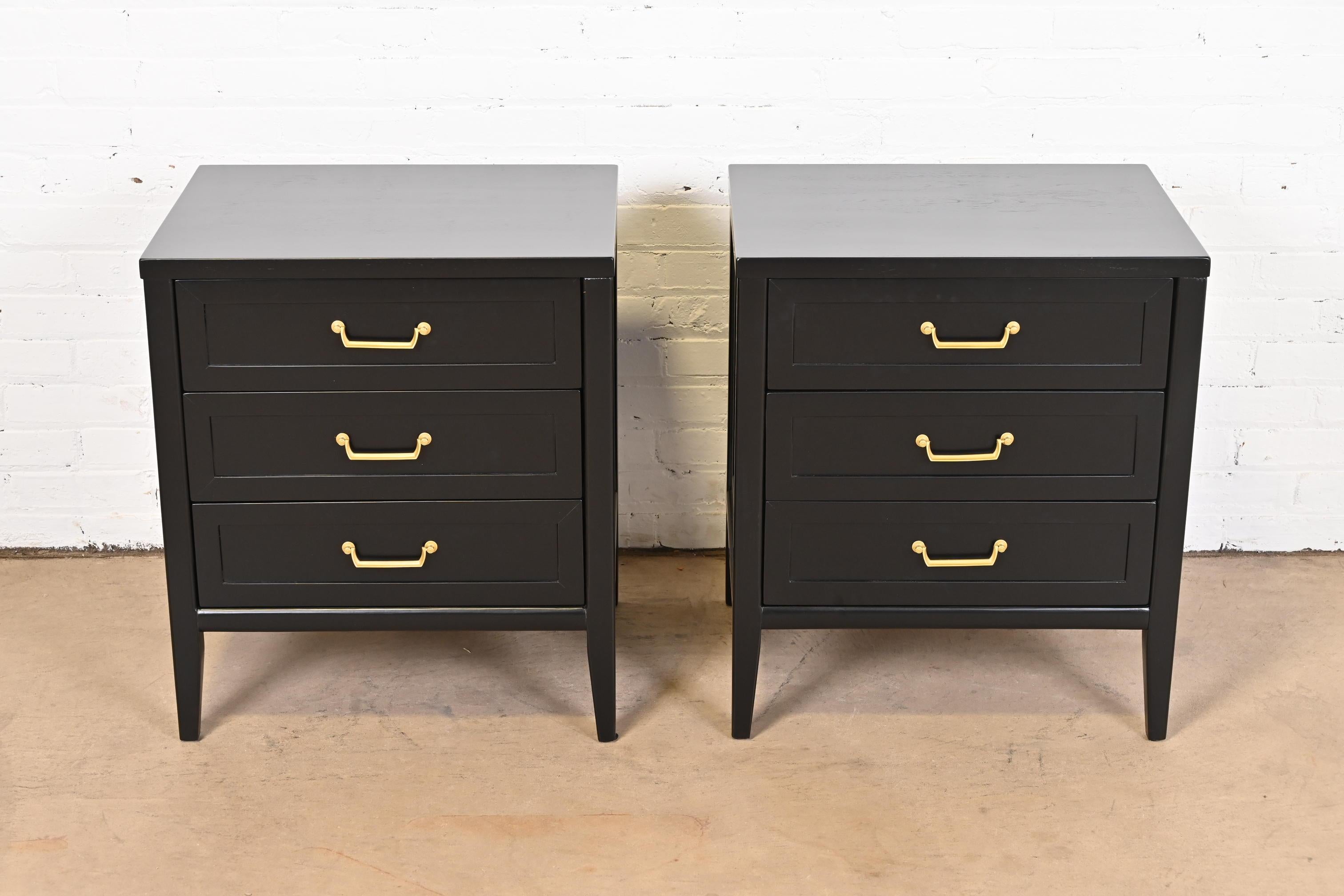 Brass American of Martinsville French Regency Black Lacquered Nightstands, Refinished