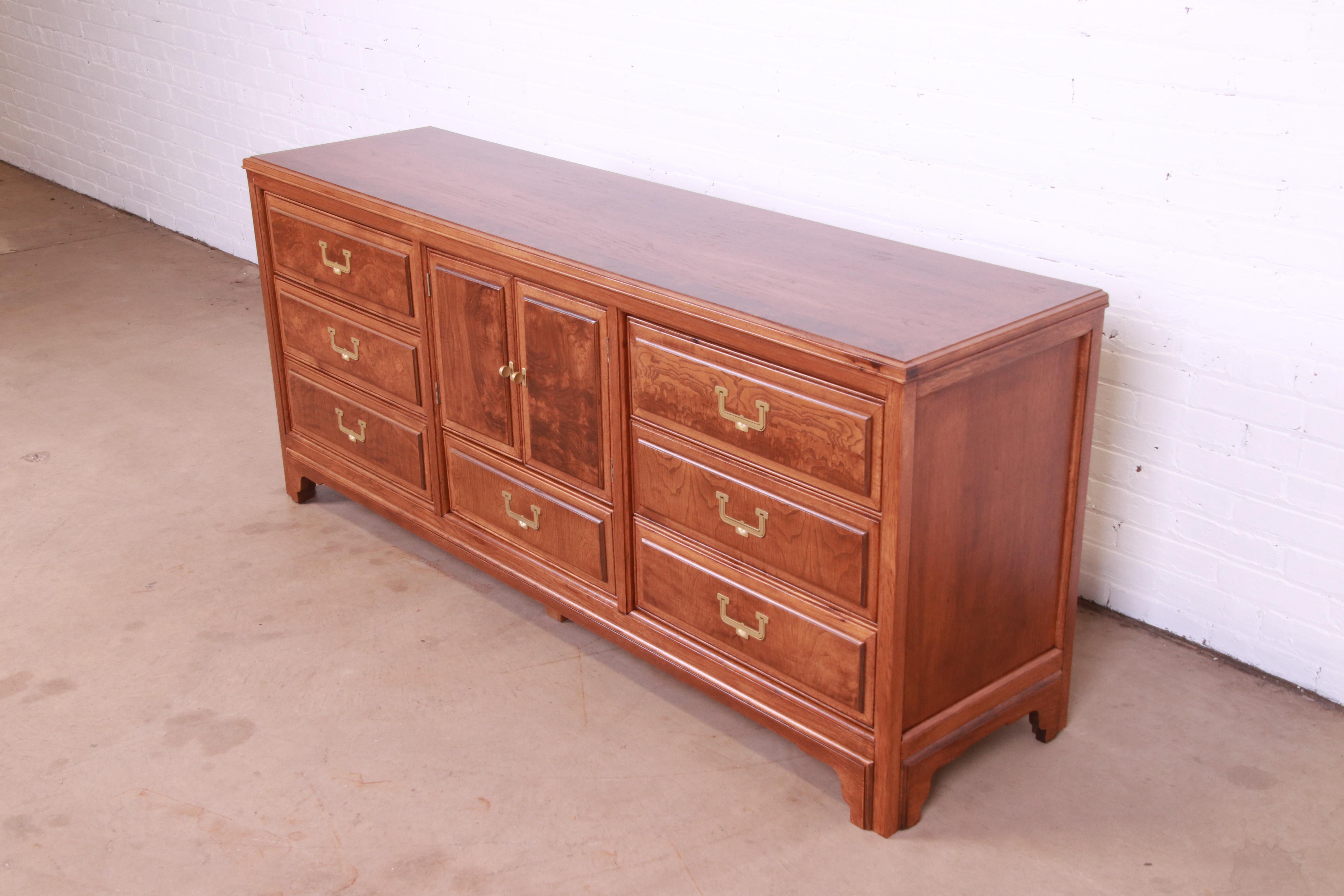 American of Martinsville Hollywood Regency Campaign Burled Walnut Dresser, 1960s In Good Condition For Sale In South Bend, IN