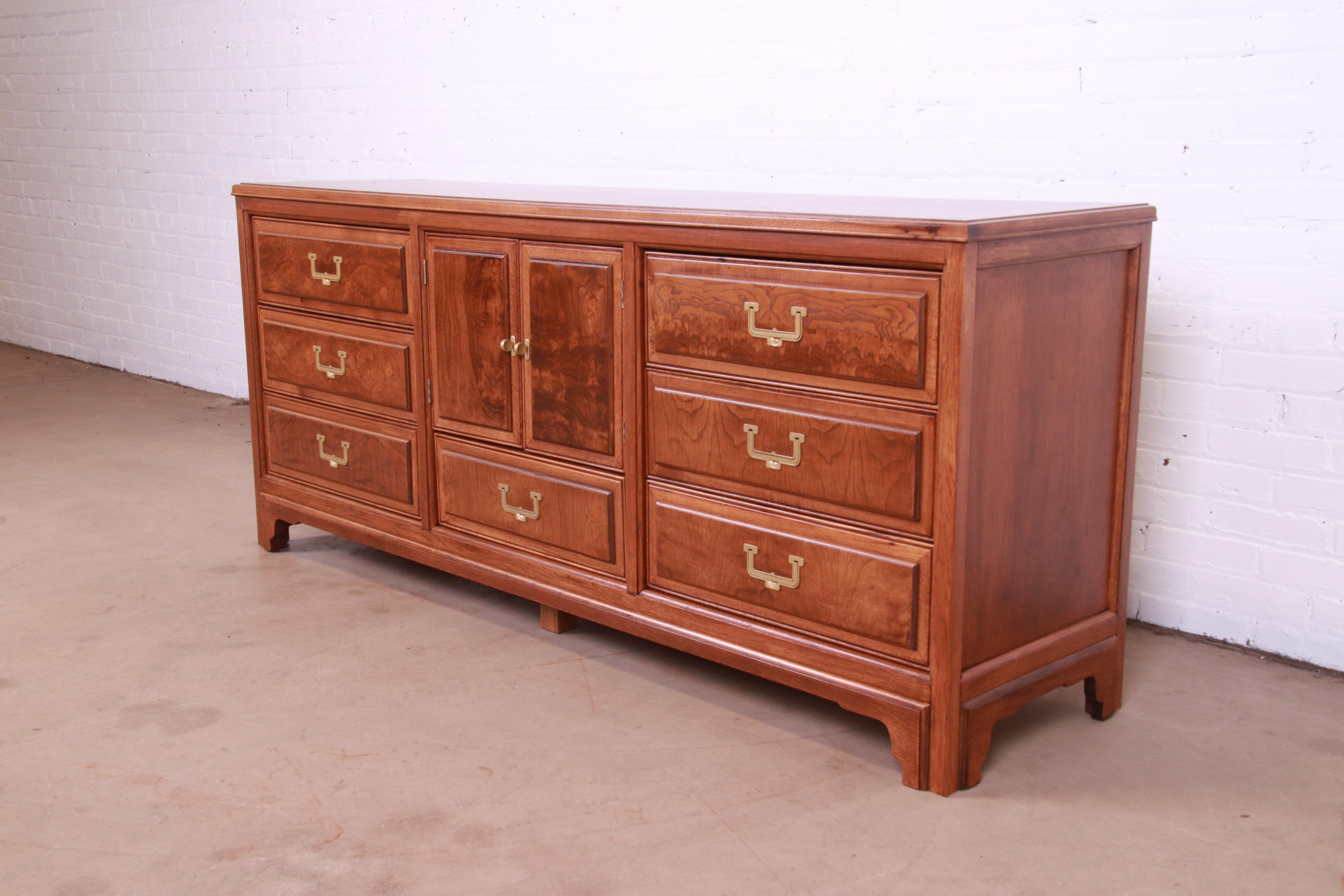 Mid-20th Century American of Martinsville Hollywood Regency Campaign Burled Walnut Dresser, 1960s For Sale
