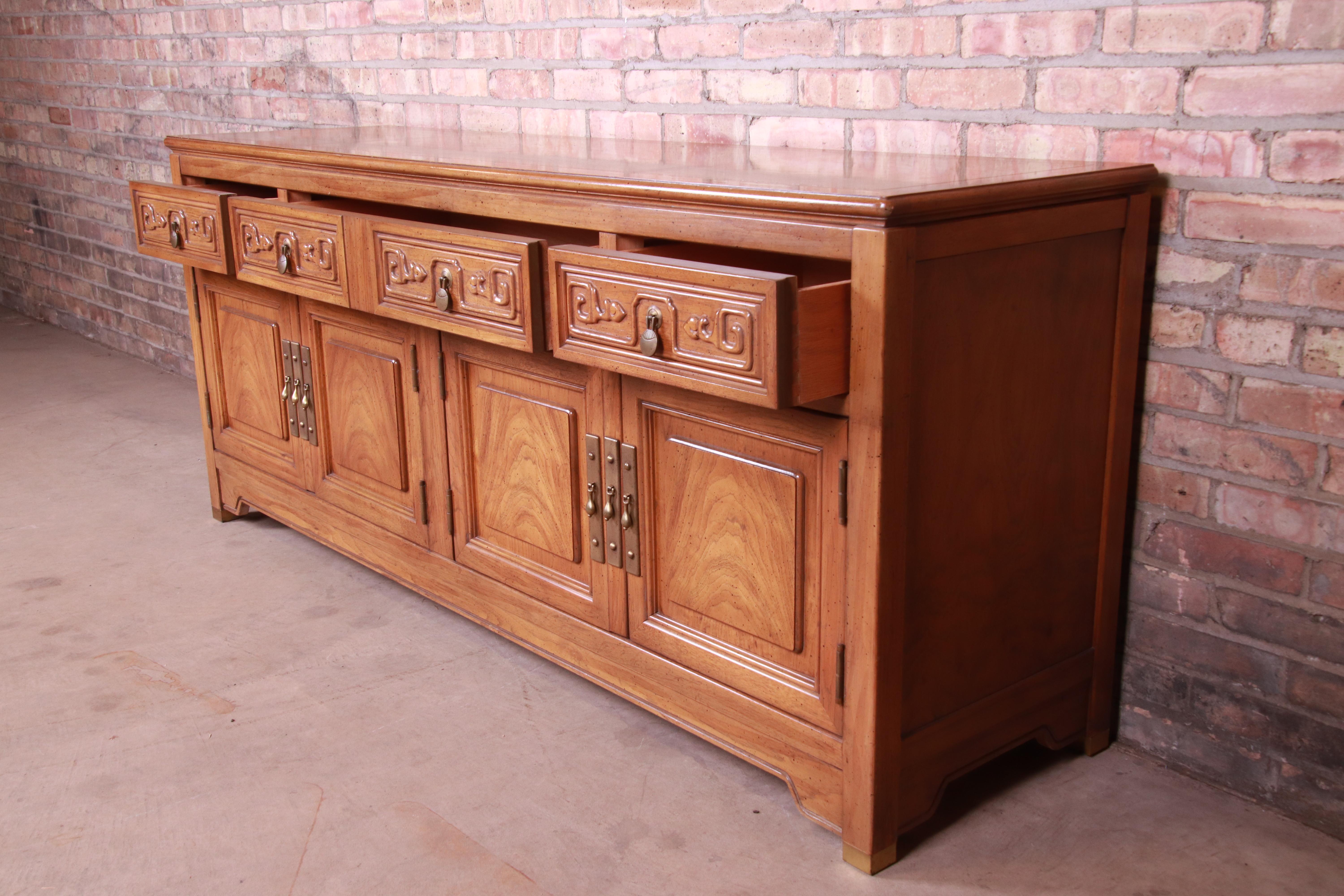 Brass American of Martinsville Hollywood Regency Chinoiserie Walnut Sideboard Credenza
