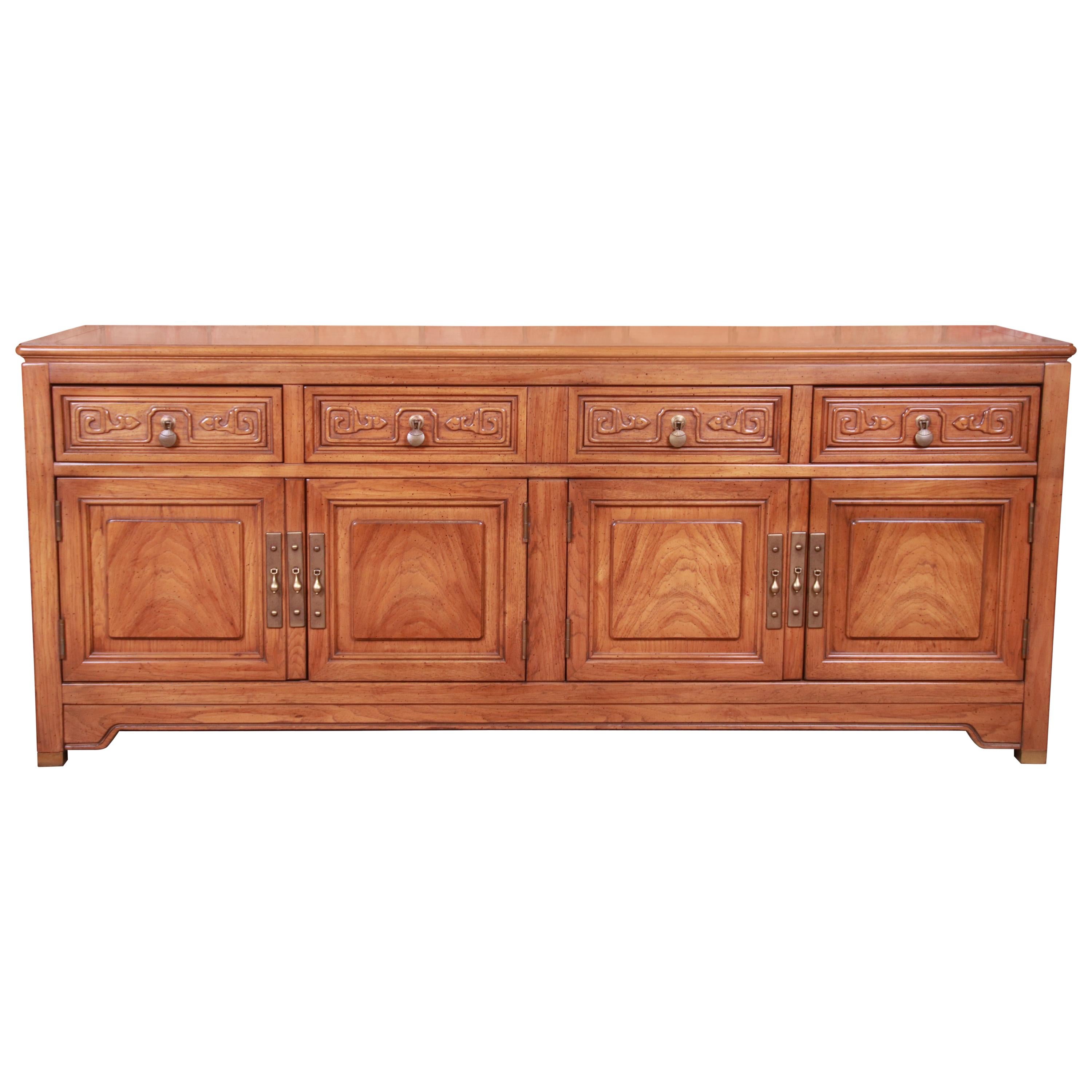 American of Martinsville Hollywood Regency Chinoiserie Walnut Sideboard Credenza