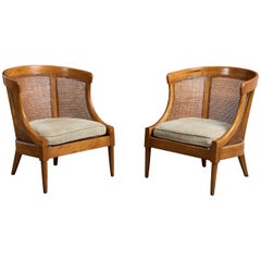 American of Martinsville, Lounge Chairs, Wood, Cane, Fabric, USA, 1950s