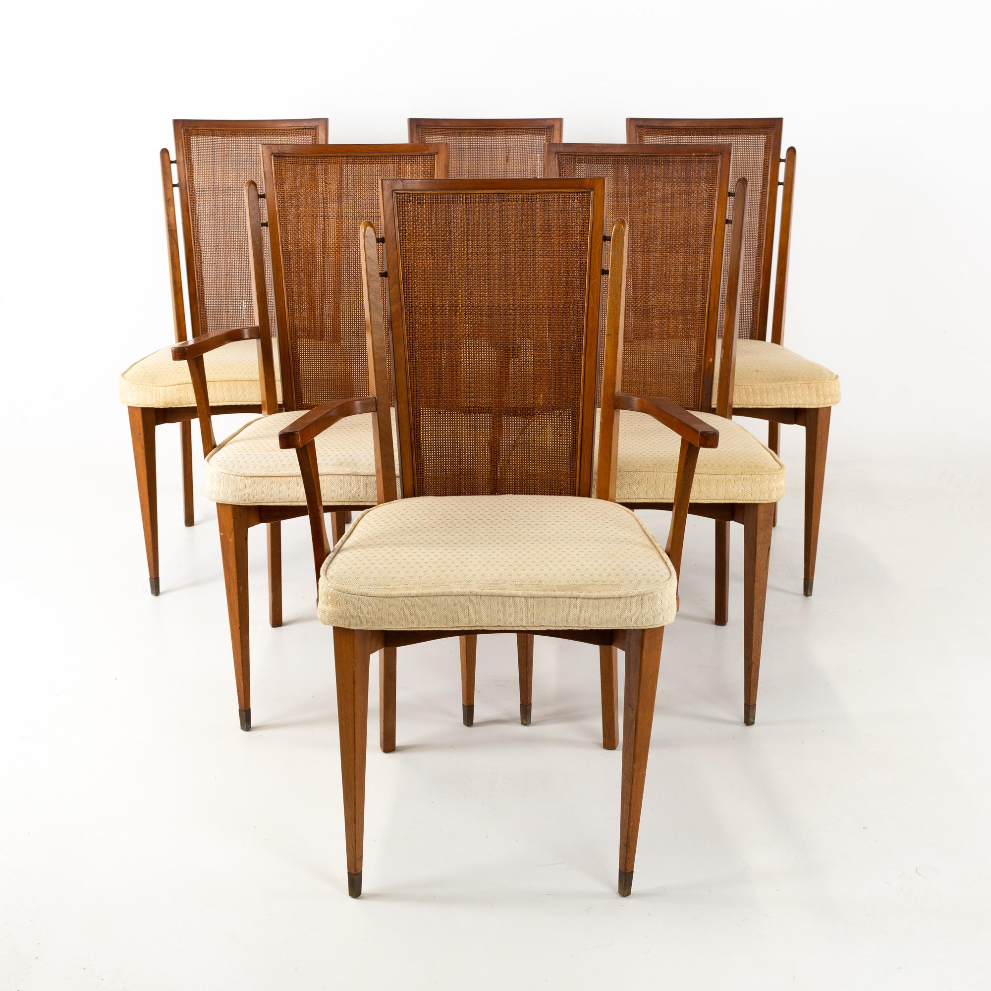 American of Martinsville Mid Century walnut and cane high back dining chairs, set of 6
These chairs are 21 wide x 20 deep x 37 inches high, with a seat height of 19 and arm height of 25.5 inches

All pieces of furniture can be had in what we call