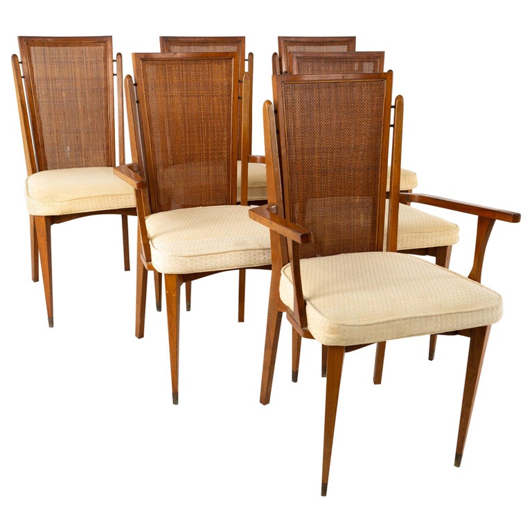 American of Martinsville MCM Walnut and Cane High Back Dining Chairs ...