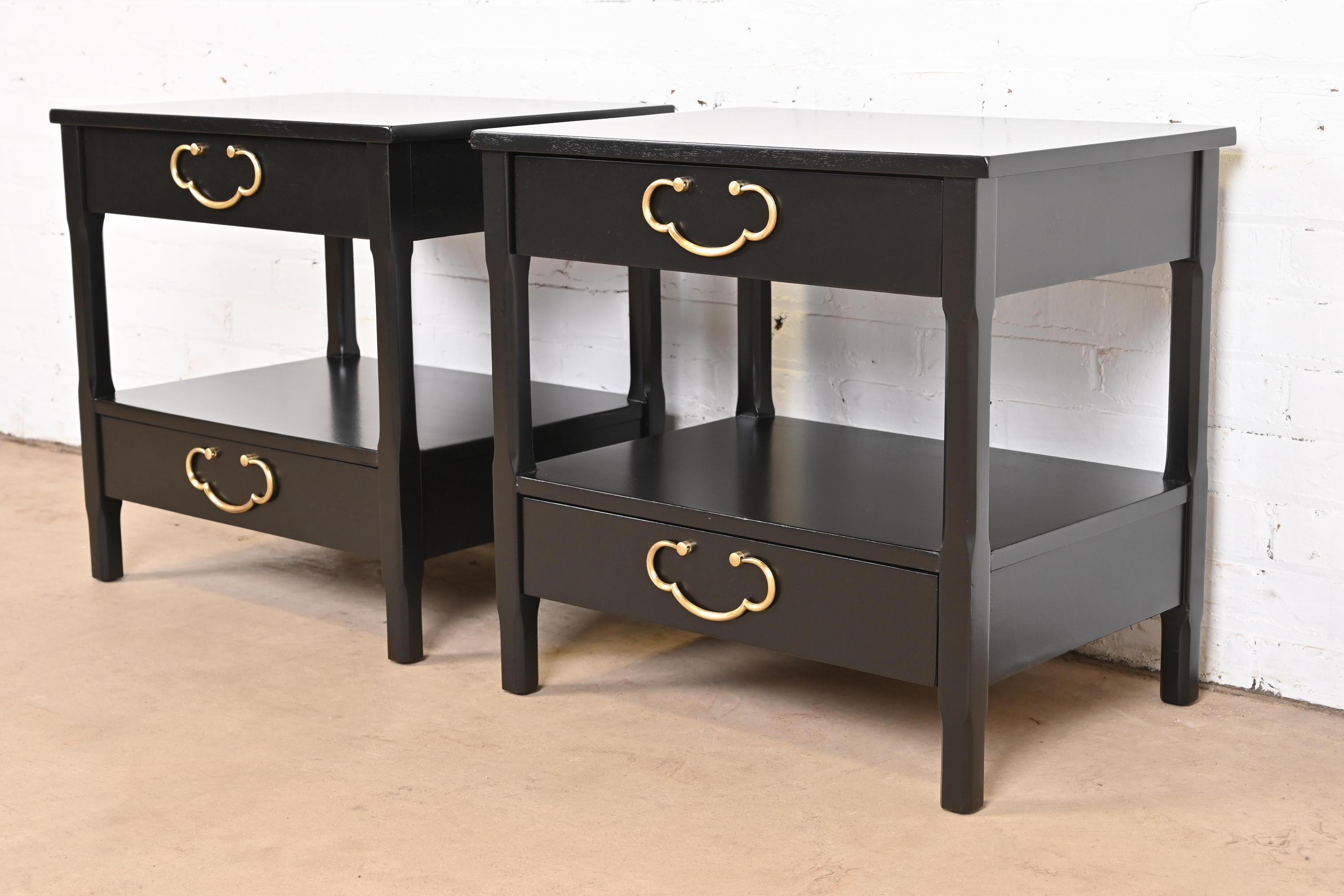 American of Martinsville Mid-Century Black Lacquered Nightstands, Refinished In Good Condition For Sale In South Bend, IN