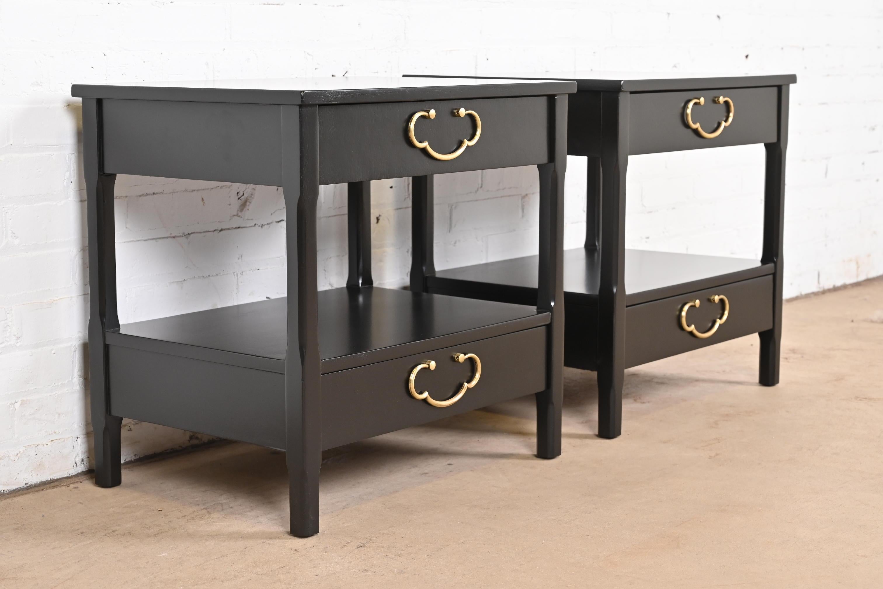 Brass American of Martinsville Mid-Century Black Lacquered Nightstands, Refinished For Sale