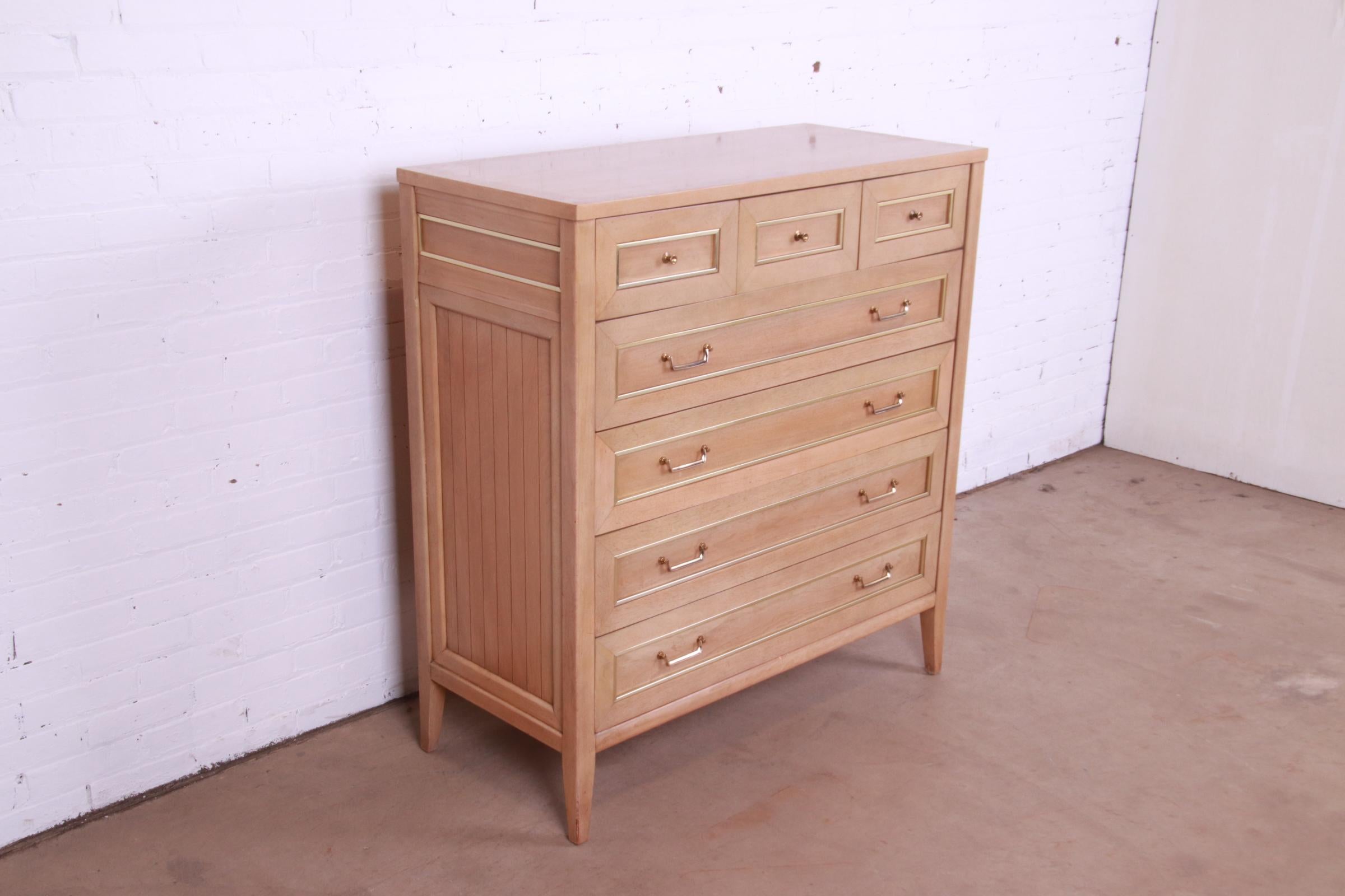 Mid-20th Century American of Martinsville Mid-Century Bleached Mahogany and Brass Highboy Dresser