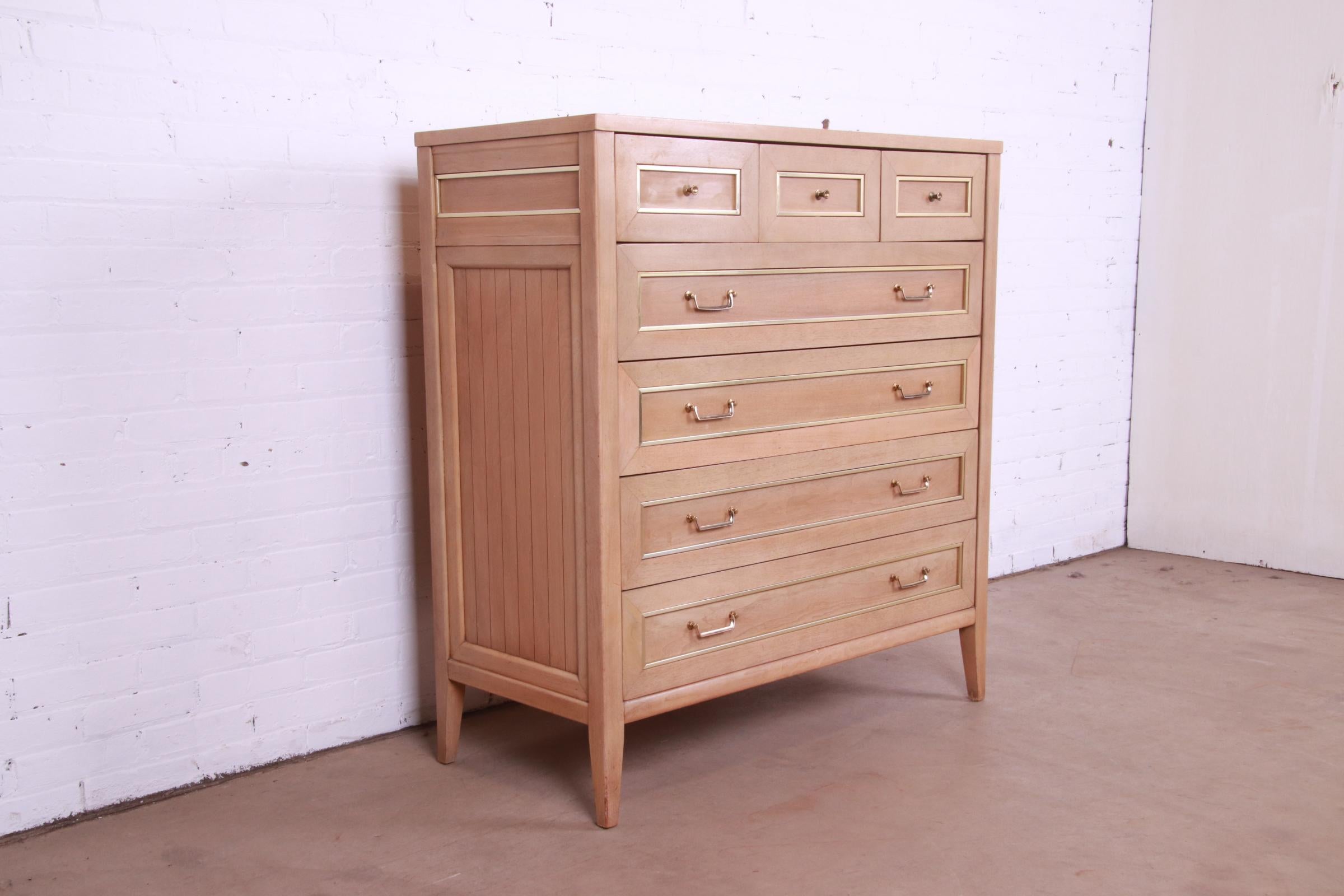 American of Martinsville Mid-Century Bleached Mahogany and Brass Highboy Dresser For Sale 1