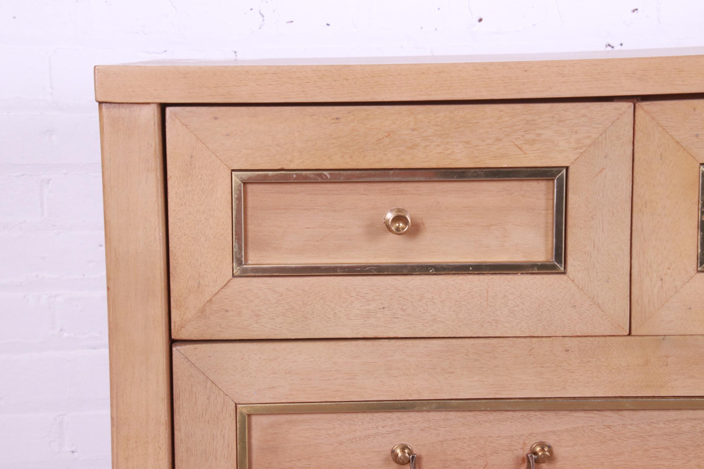 American of Martinsville Mid-Century Bleached Mahogany and Brass Highboy Dresser 2