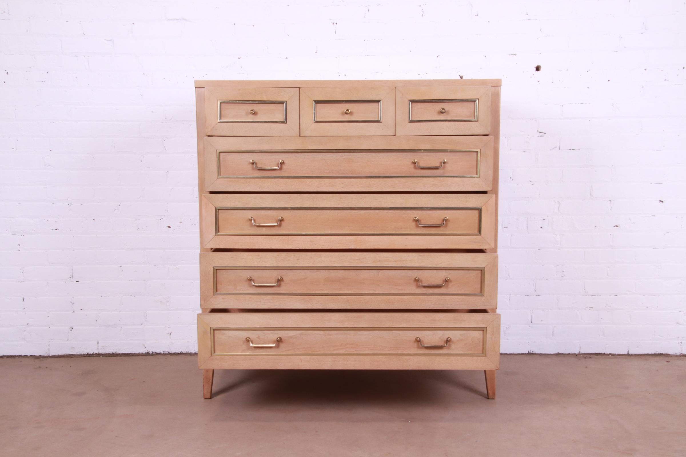 American of Martinsville Mid-Century Bleached Mahogany and Brass Highboy Dresser 3