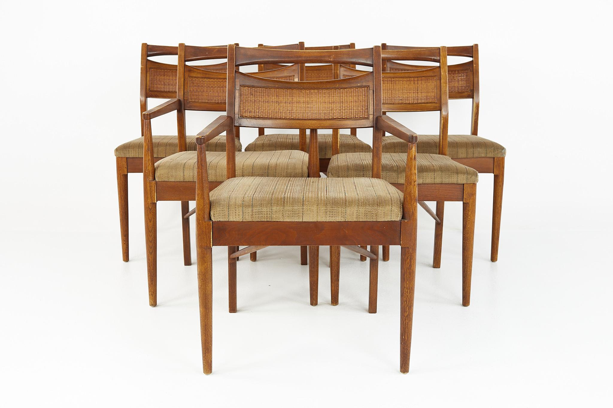 American of Martinsville mid century cane back walnut dining chairs - set of 6

These chairs measure: 18 wide x 17.5 deep x 34 inches high, with a seat height of 18 and arm height of 26 inches 

?All pieces of furniture can be had in what we