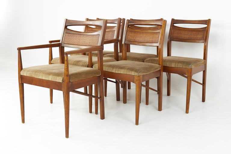American of Martinsville Mid Century Cane Back Walnut Dining Chairs, Set of 6 at 1stDibs