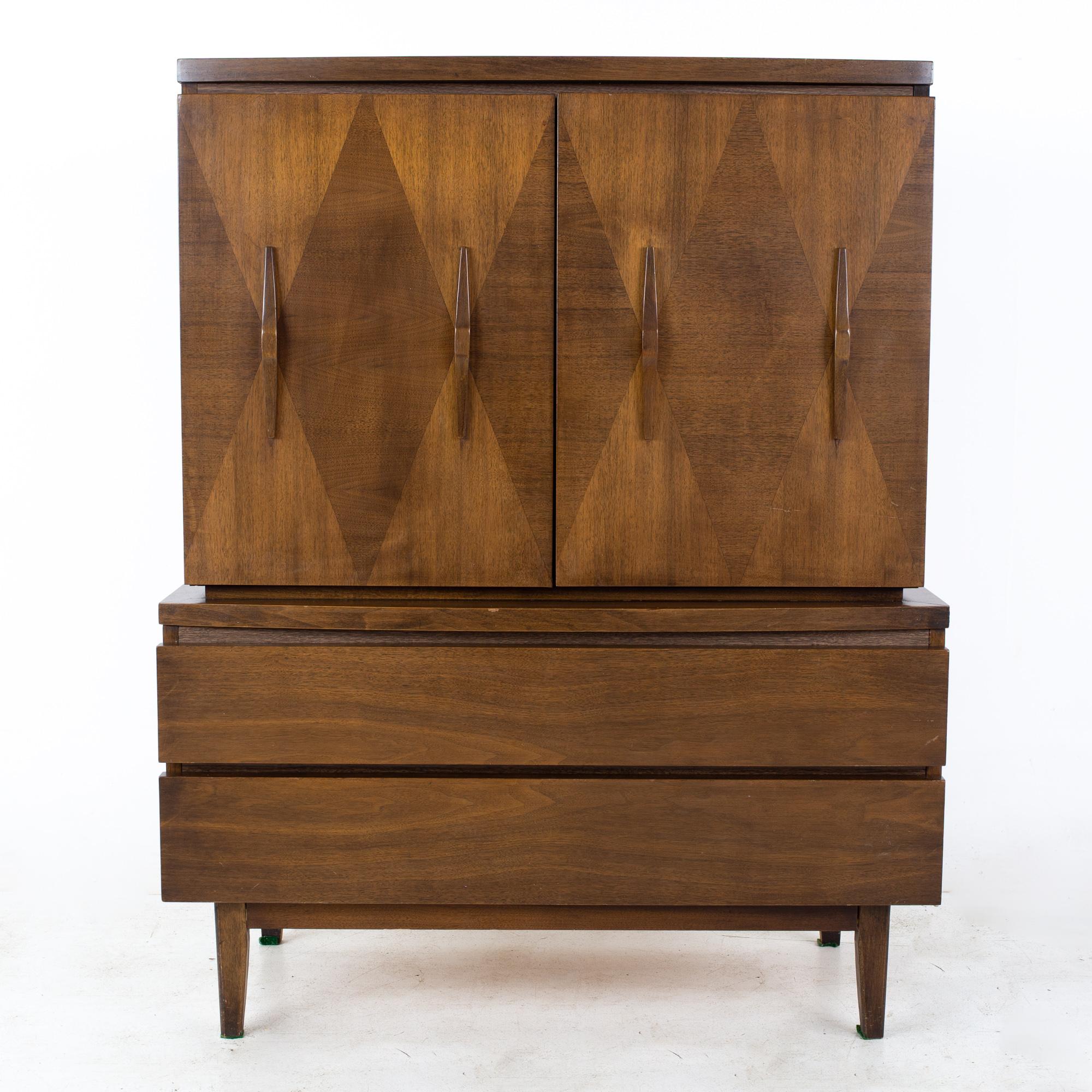 American of Martinsville mid century harlequin highboy armoire dresser
Highboy measures: 42 wide x 19 deep x 53 inches high

All pieces of furniture can be had in what we call restored vintage condition. That means the piece is restored upon
