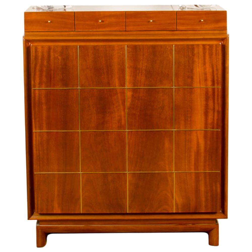 American of Martinsville Mid-Century High Chest with Bras Inlay, circa 1960 For Sale