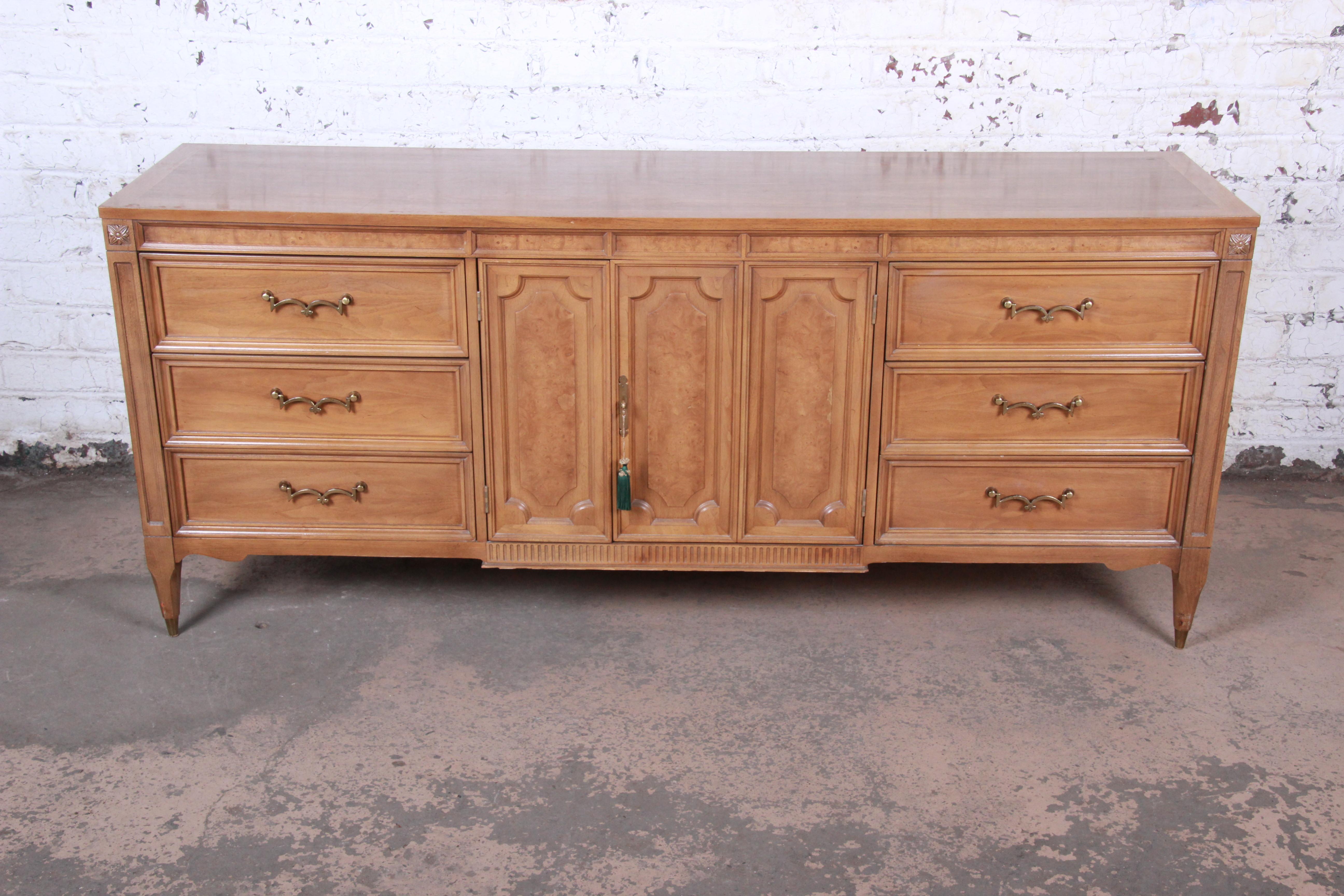 American of Martinsville Mid-Century Modern Cherry and Burl Dresser or Credenza In Good Condition In South Bend, IN
