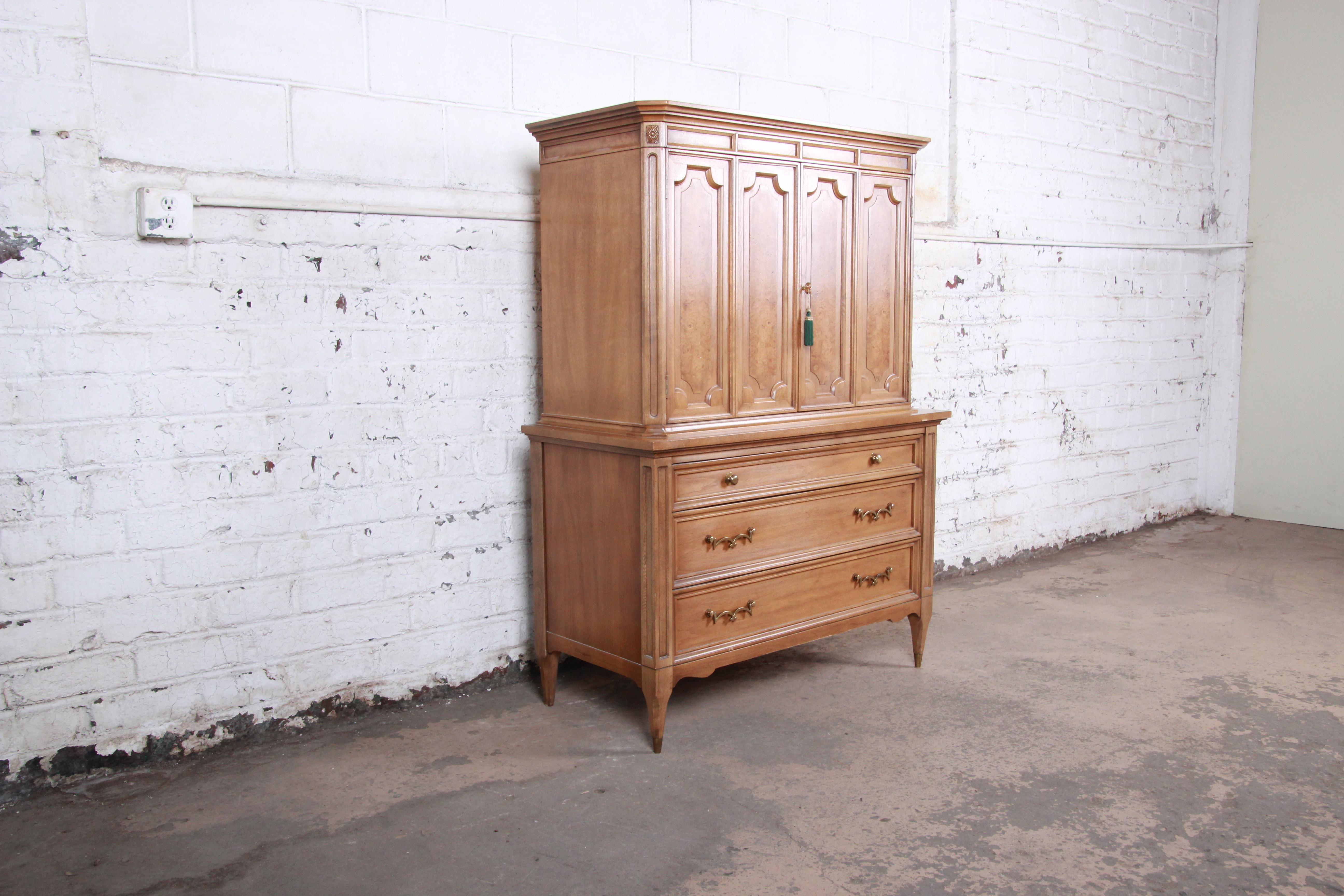 American of Martinsville Mid-Century Modern Cherry and Burl Gentleman's Chest In Good Condition In South Bend, IN