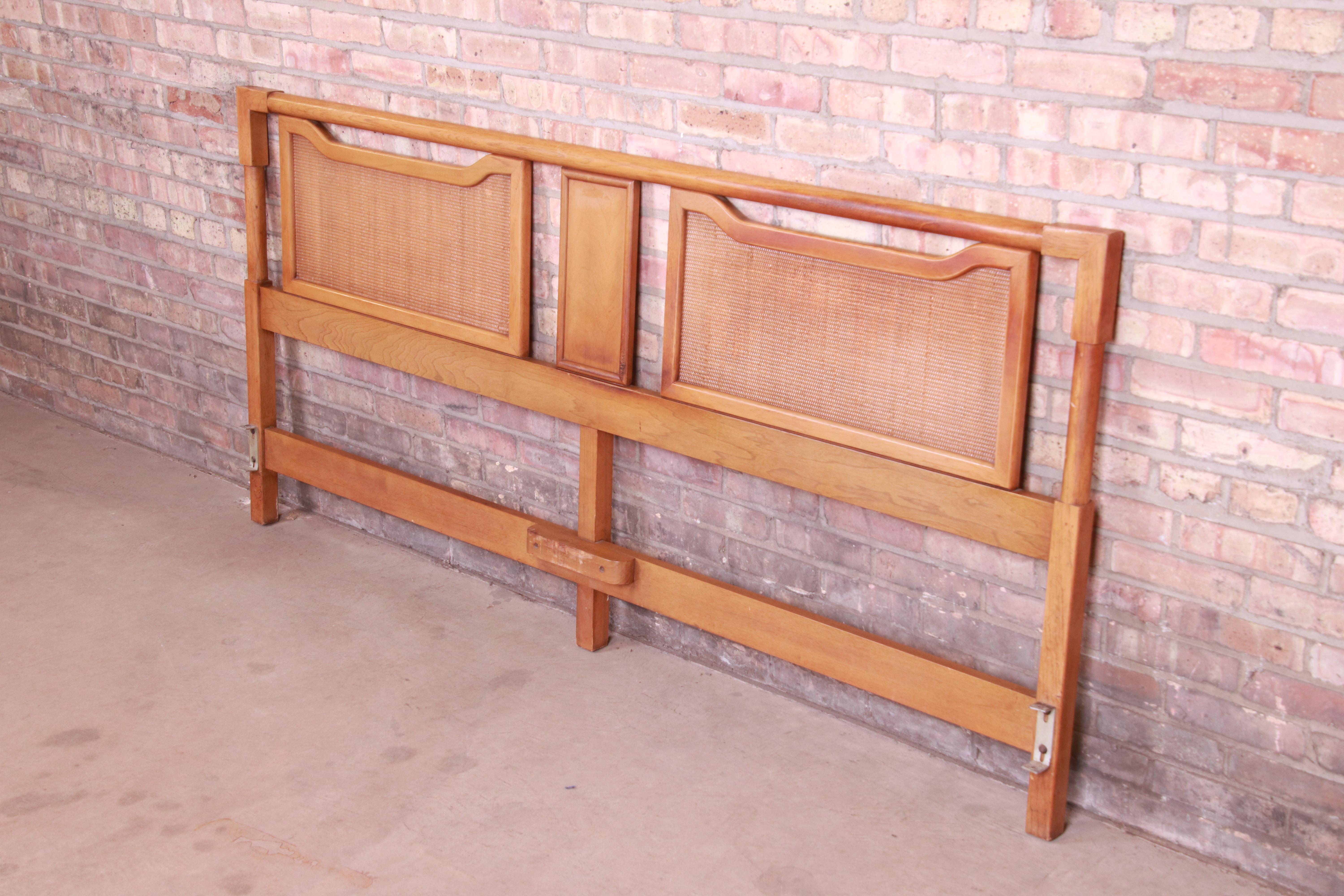 American of Martinsville Mid-Century Modern Walnut and Rattan King Headboard In Good Condition In South Bend, IN