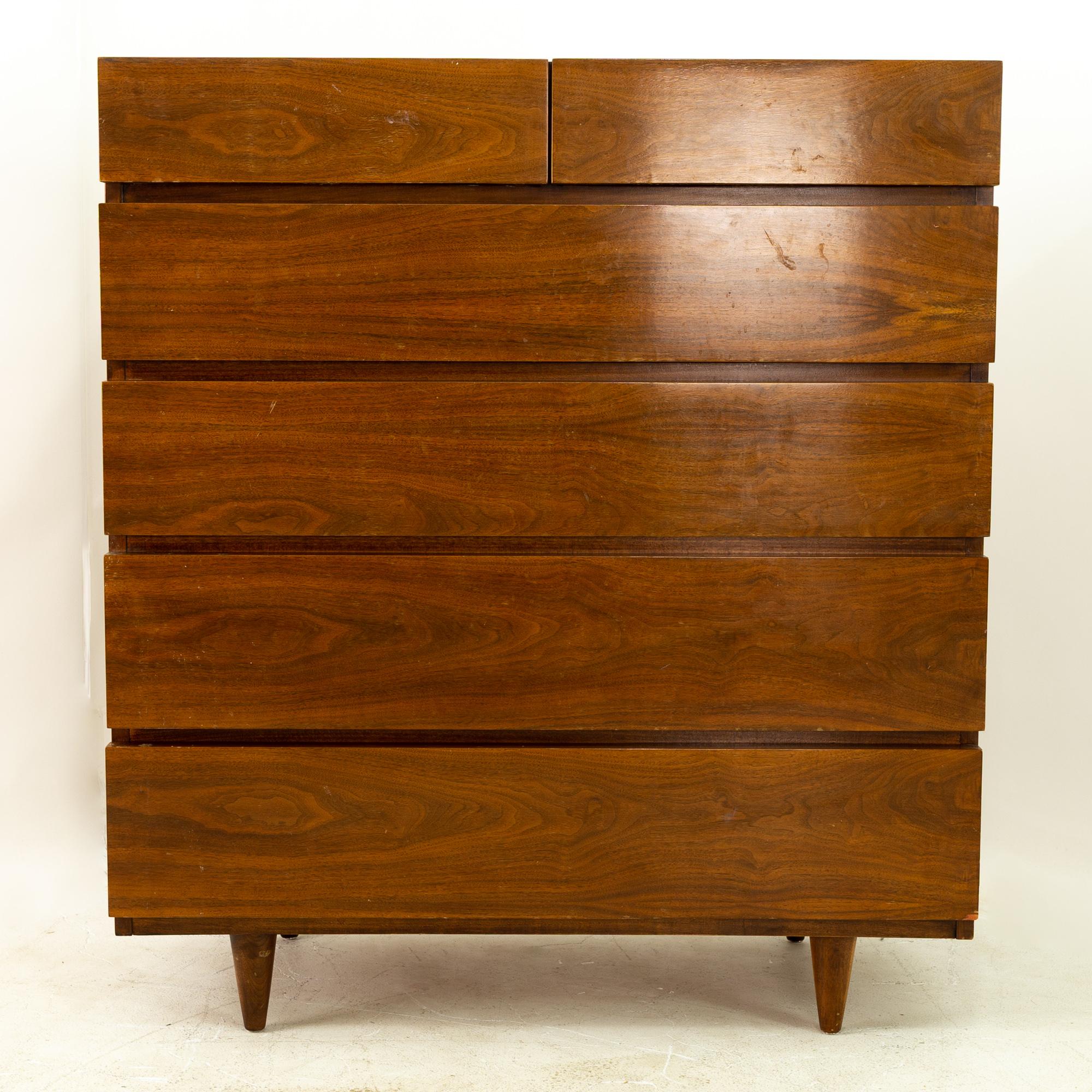 American of Martinsville Mid Century walnut 6-drawer highboy dresser
Measures: 40 wide x 19.5 deep x 45.25 high
See below for 5 ways to save!
Free restoration: When you purchase a piece we carefully clean and prepare it for shipping. If during
