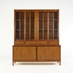 American of Martinsville Mid Century Walnut and Brass China Cabinet and Hutch