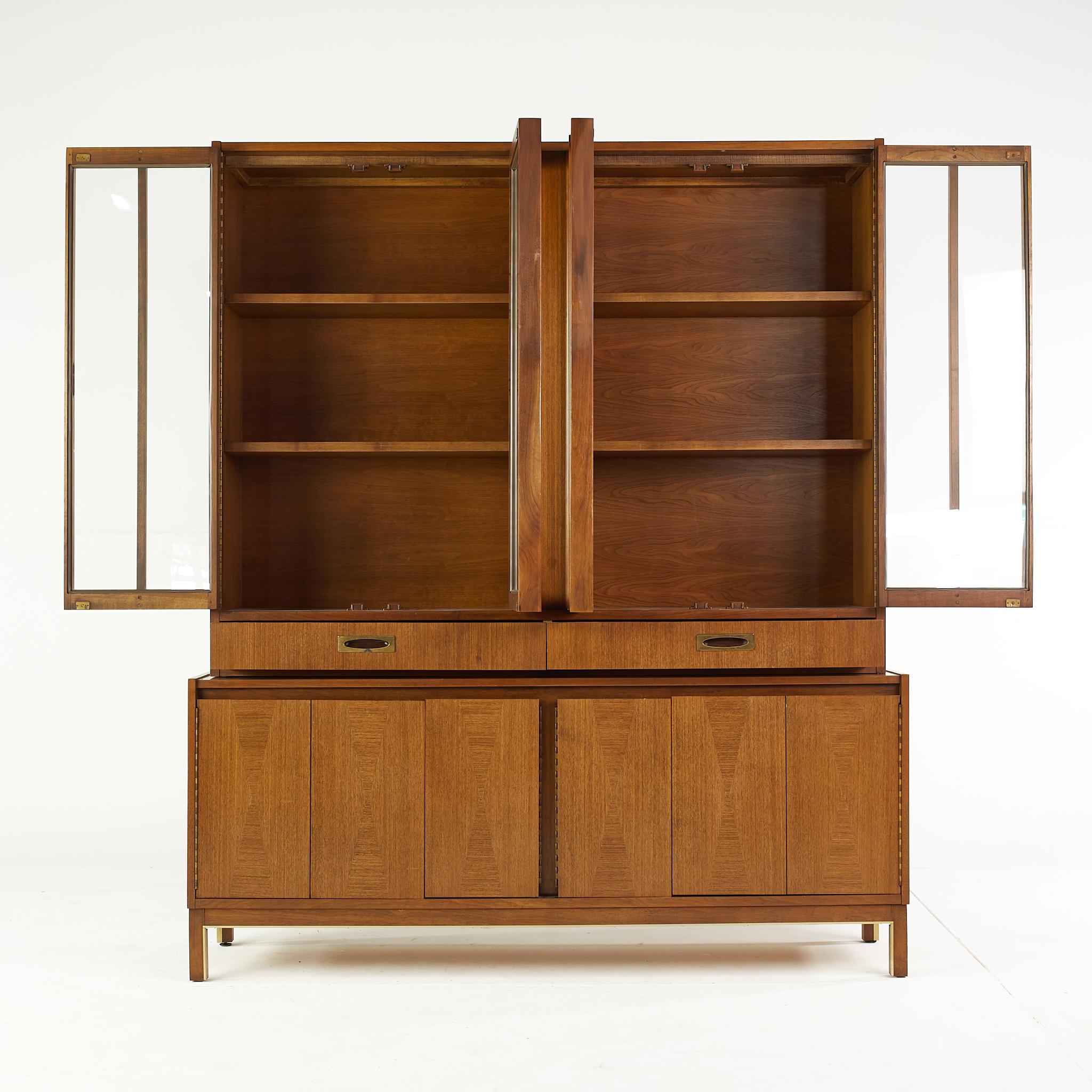 Late 20th Century American of Martinsville Mid Century Walnut and Brass China Cabinet and Hutch