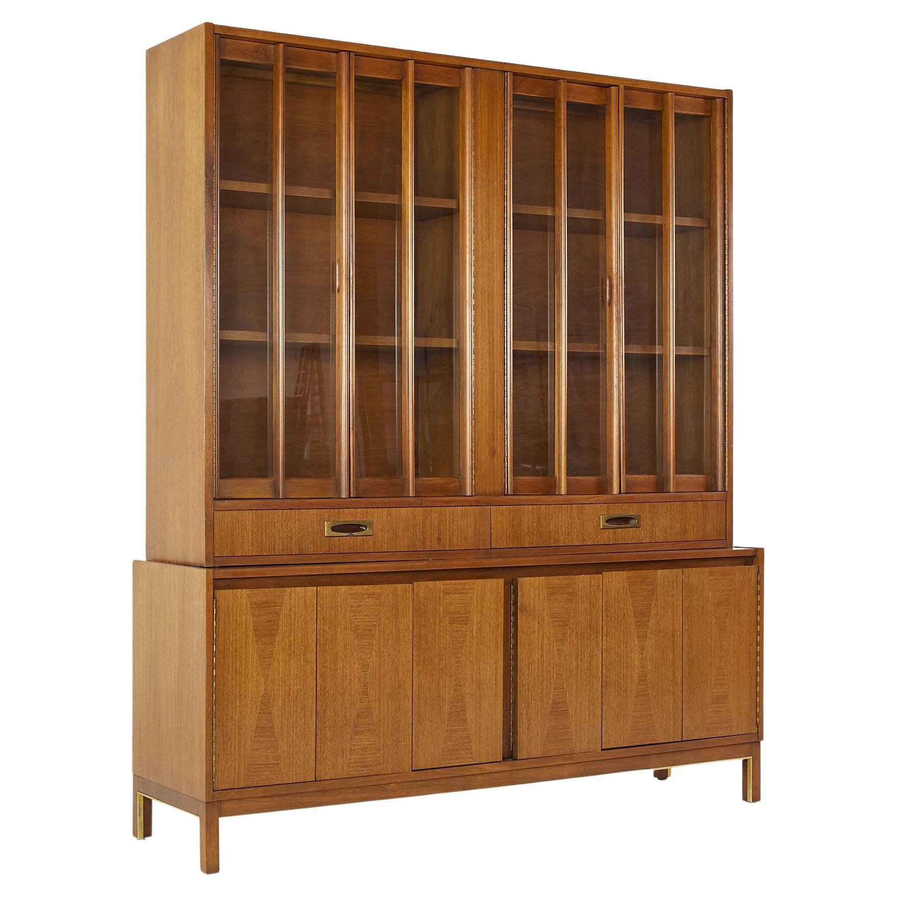 American of Martinsville Mid Century Walnut and Brass China Cabinet and Hutch