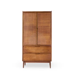 American of Martinsville Mid Century Walnut and Cane Armoire Dresser