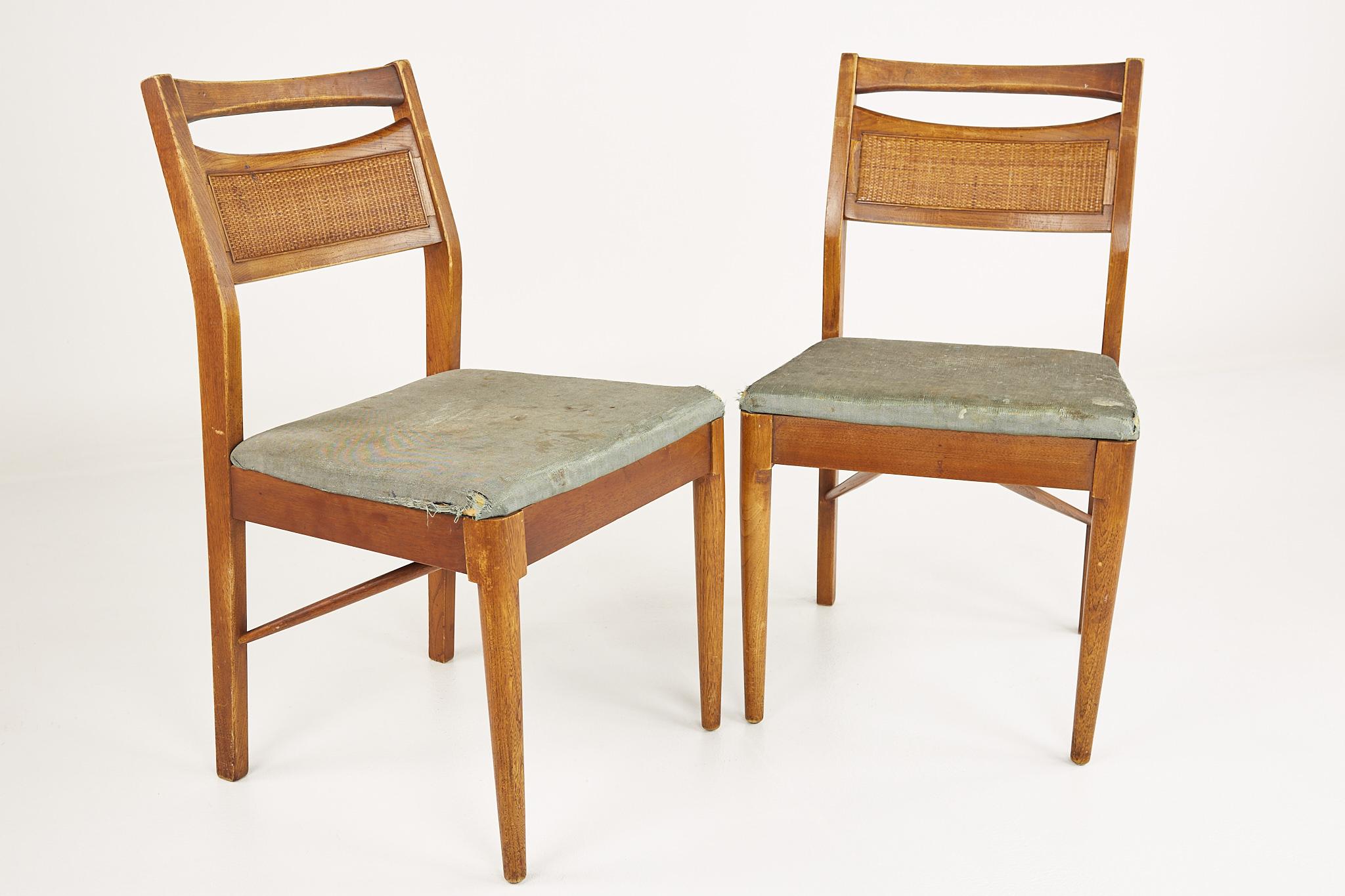 American of Martinsville Mid Century Walnut and Cane Back Dining Chairs, Set 4 In Good Condition In Countryside, IL