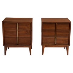 American of Martinsville Mid Century Walnut Nightstands Brass Accent - a Pair