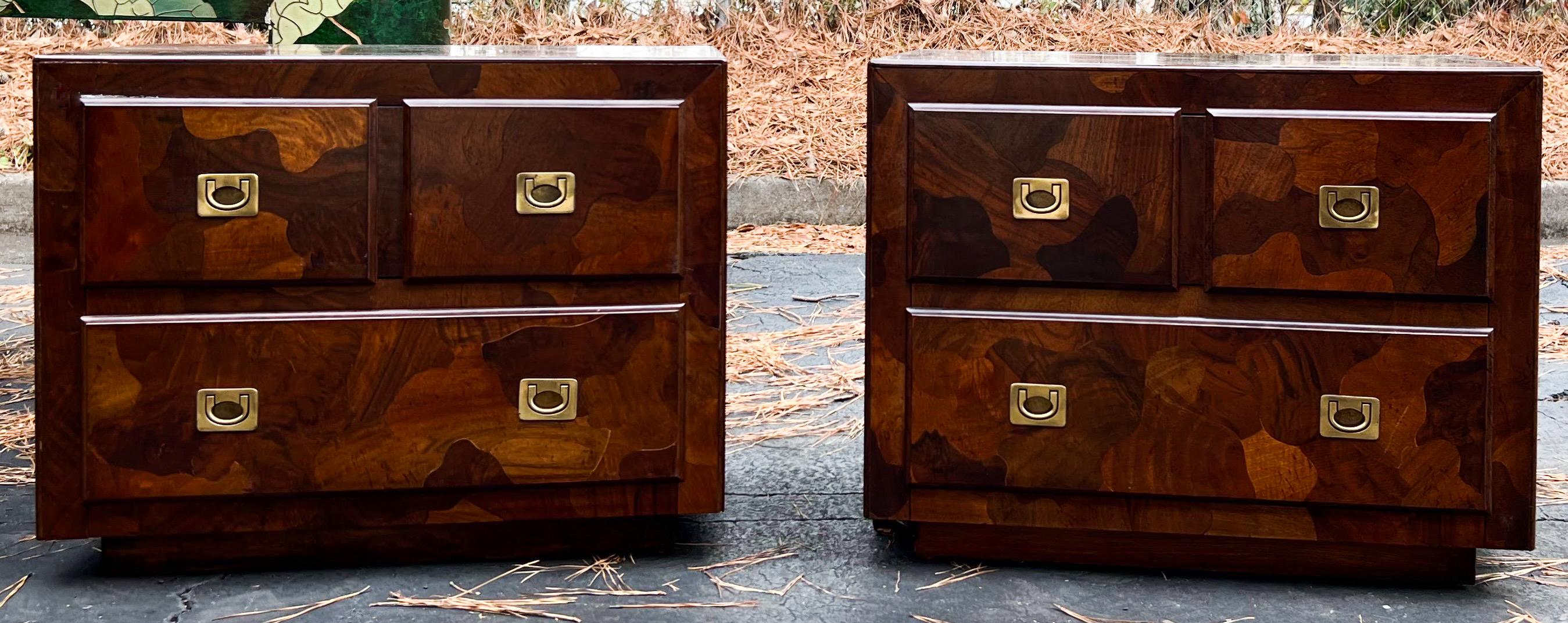 This is a pair of American of Martinsville modern campaign style side tables or nightstands. They are marked and have the original brass hardware. The modern styling and patchwork burl are striking when combined. 

My shipping is for the