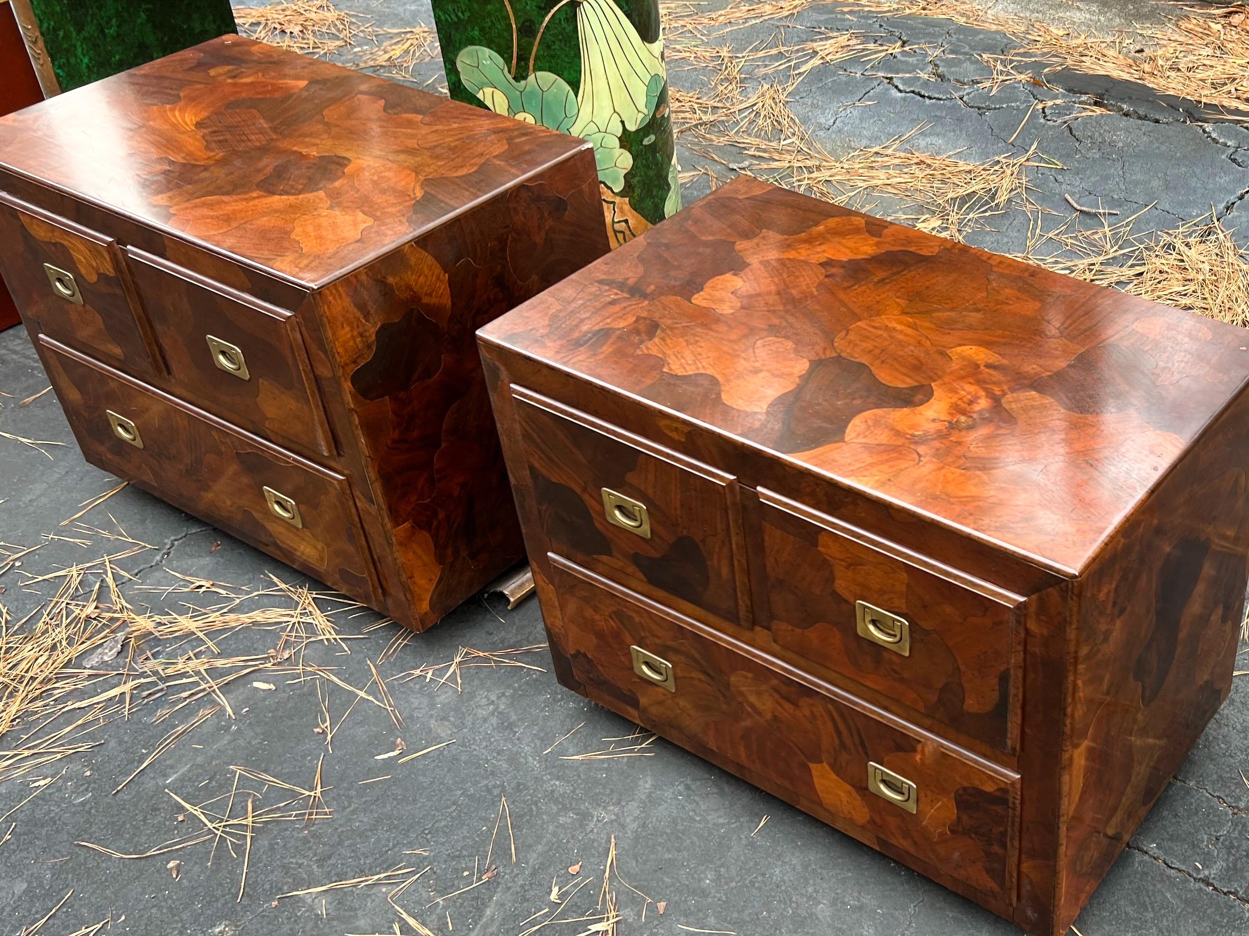 American of Martinsville Modern Campaign Style Burlwood Side Tables /Chests, 2 In Good Condition In Kennesaw, GA